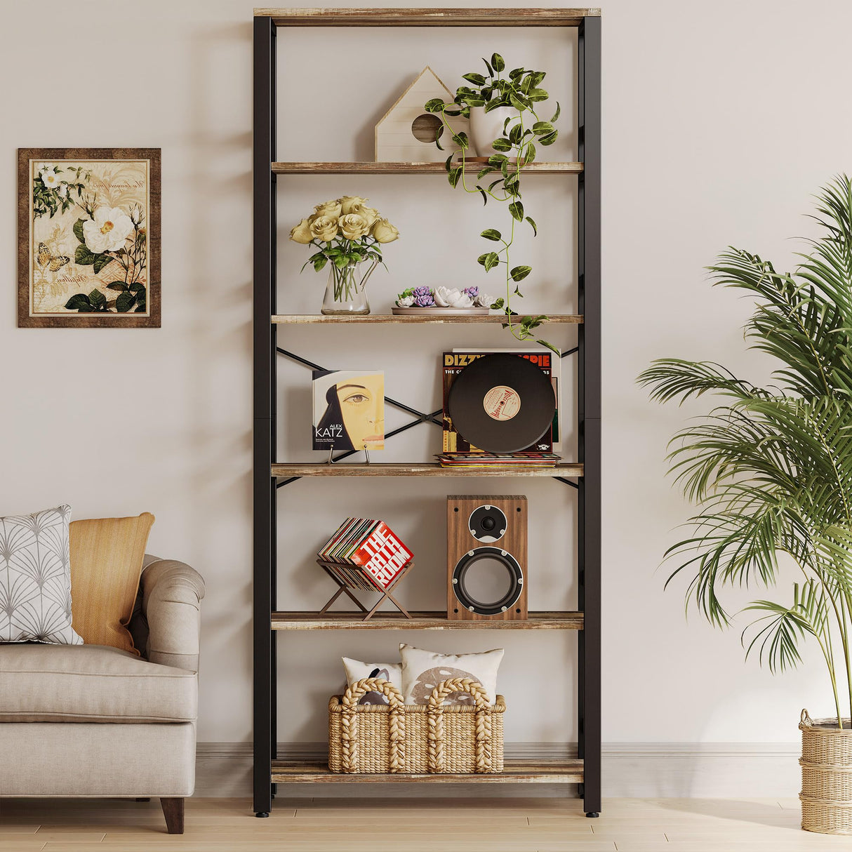 IRONCK Bookshelf, 31.5in Wide Shelf 6 Tier Bookcase, 110lbs/shelf Vintage Industrial Style Bookshelves for Bedroom, Living Room and Home Office, Industrial Brown IRONCK