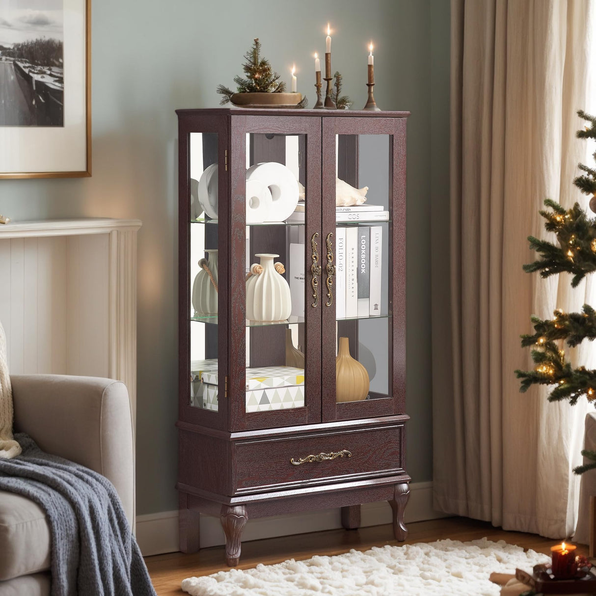 Eyisean Glass Display Cabinet, 52" H Curio Cabinet with Adjustable Shelves and Mirrored Back Panel, China Cabinet with Light Bulb inclued, Rack for Living Room Storage (Dark Cherry) Eyisean