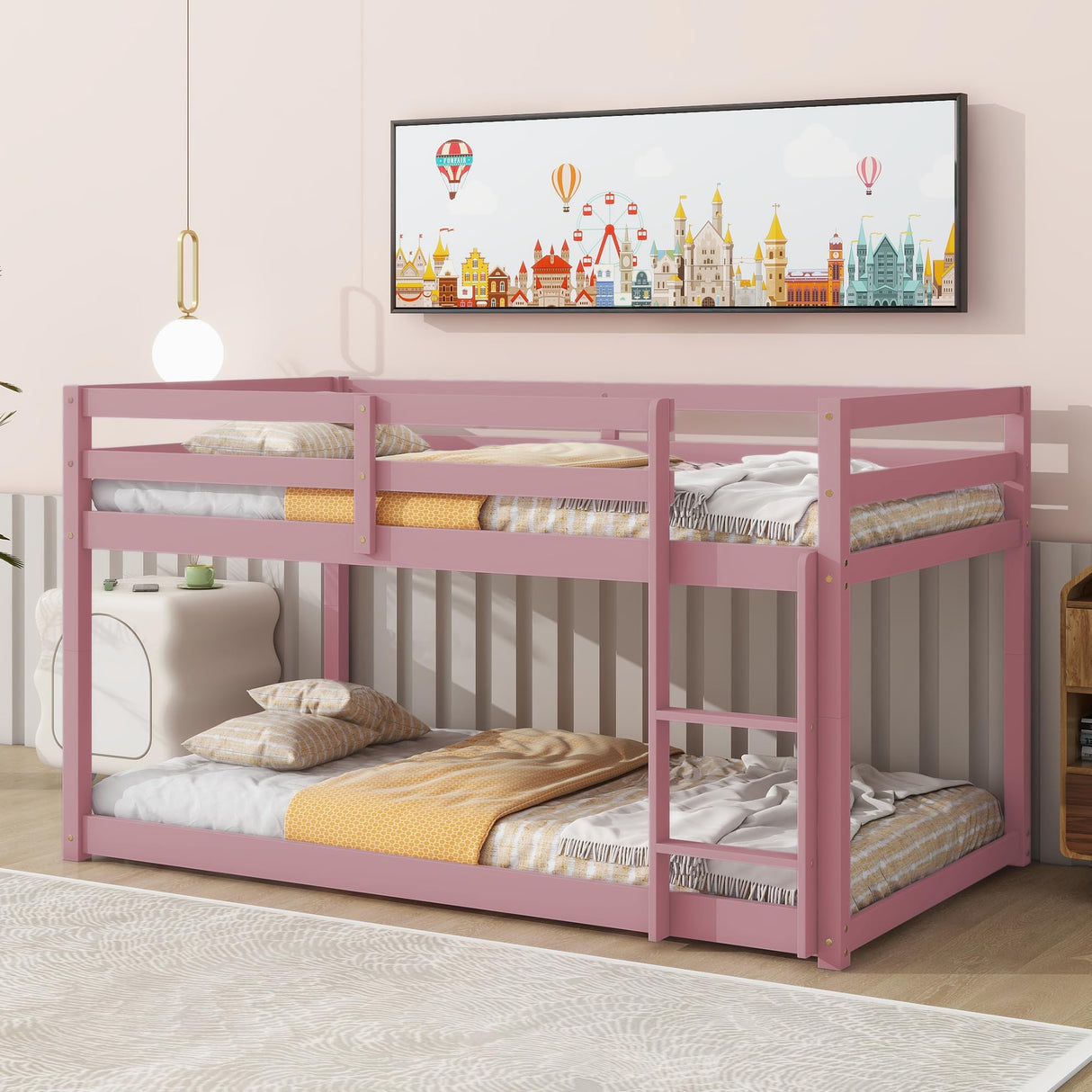 jurmiture Bunk Bed Twin Over Twin, Twin Low Bunk Bed, Floor Bunkbeds with Ladder for Teen Kids Girls Boys, Pink jurmiture