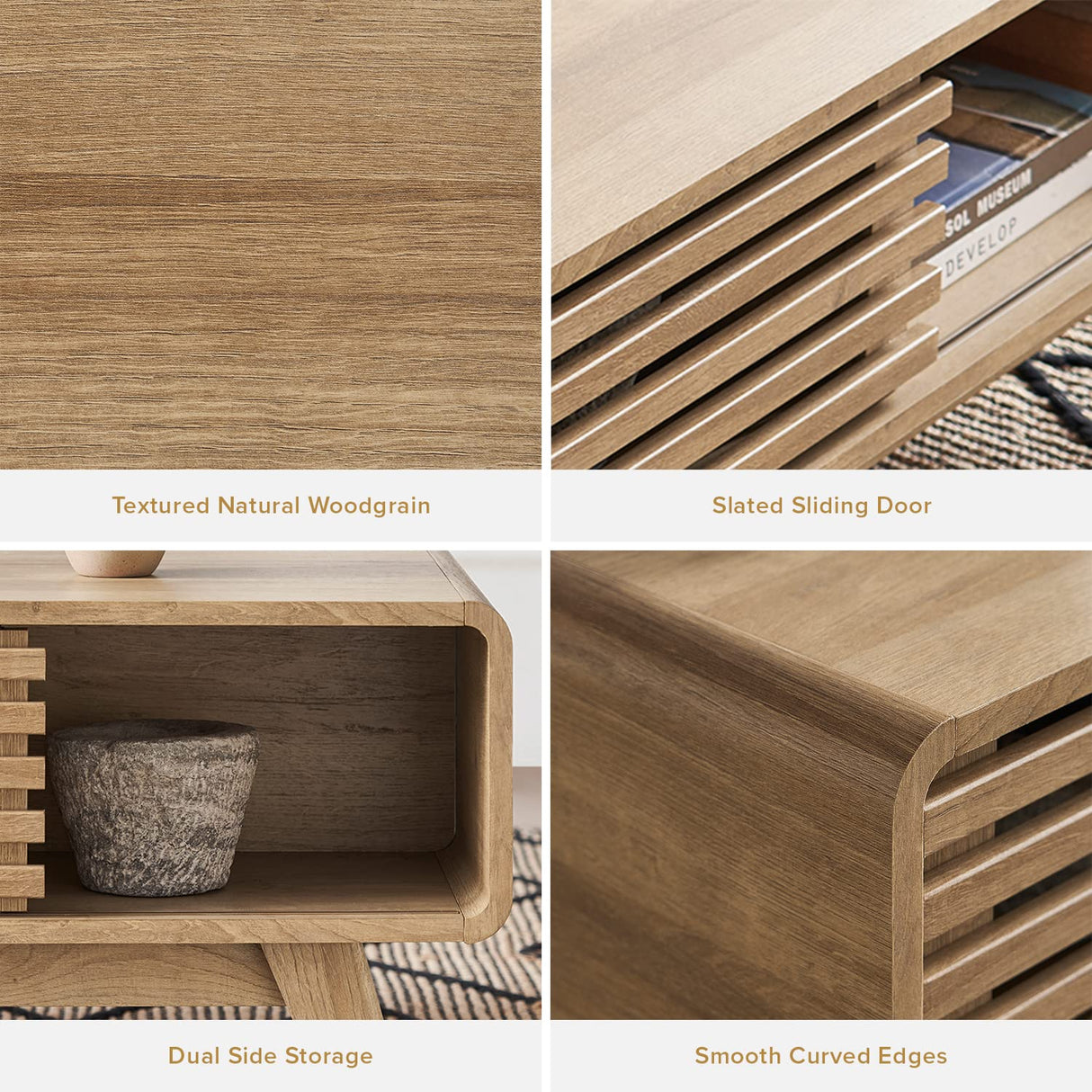 mopio Ensley Coffee Table, Mid Century Modern Table with Storage, Farmhouse Wood Coffee Table for Living Room Fluted (Oak) mopio