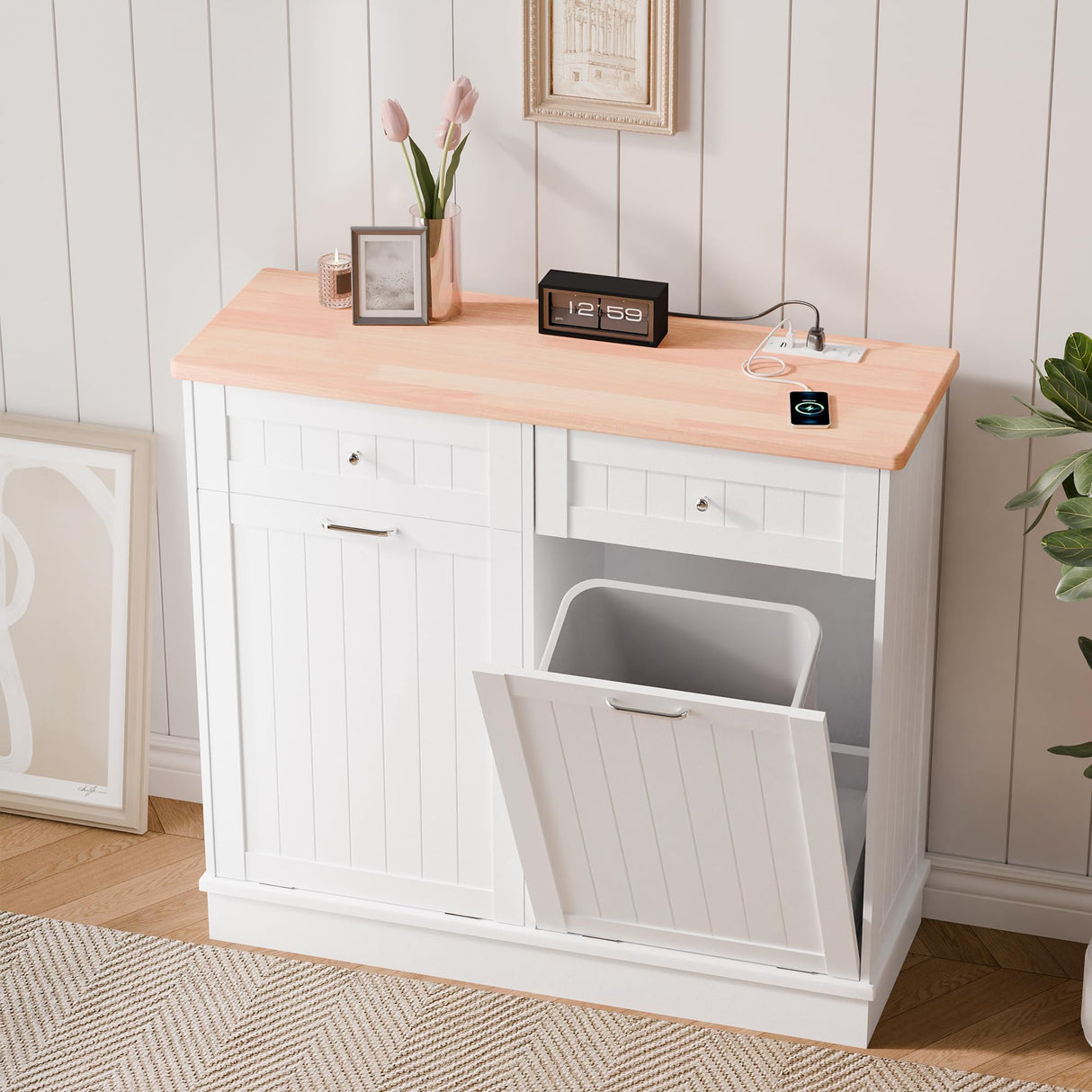 Betterhood Double Tilt Out Trash Cabinet with Power Outlet, 10 Gallon Trash Cabinet with Storage,Pet Proof Trash Can with 2 AC & USB Sockets for Kitchen,Living Room (White) Betterhood