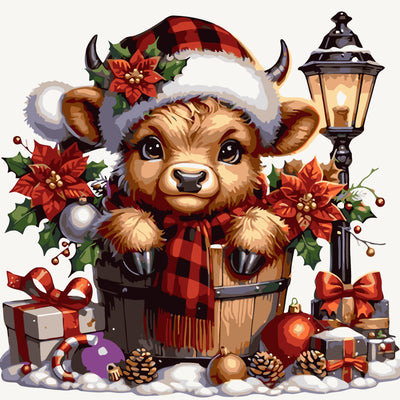 Christmas Cow Light Poinsettia Paint by Numbers for Adults, DIY Winter Paint by Numbers Kits for Adults Beginners Without Frame, Acrylic Paint on Canvas Painting Kits for Home Decor 16x16 Inch