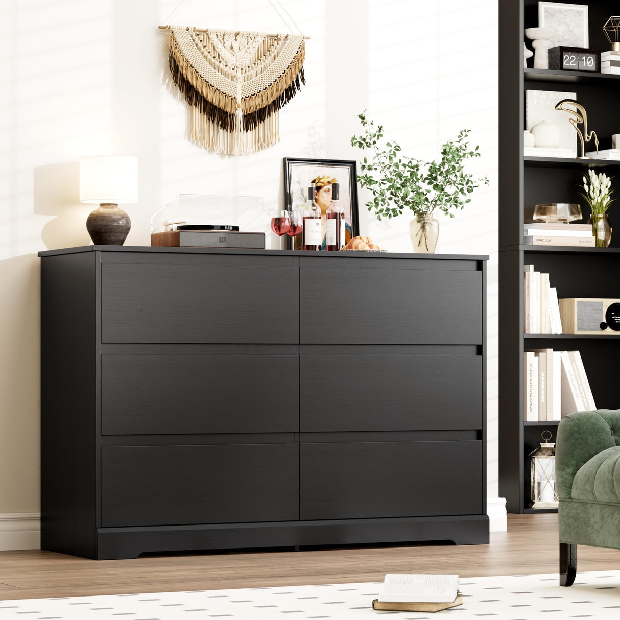 FOTOSOK 6 Drawer Double Dresser, Black Dresser, Modern 6 Chest of Drawers with Deep Drawers, Wide Storage Organizer Cabinet for Living Room Home FOTOSOK