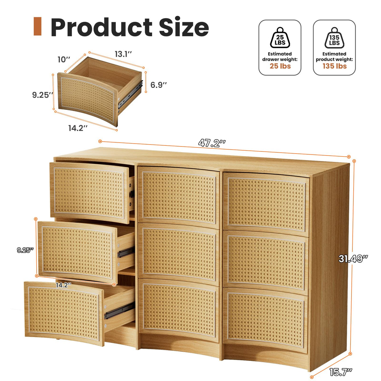 VOPEAK 9 Drawer Dresser for Bedroom, Boho Rattan Dresser, Modern Wood Storage Chest of Drawers with Handle-Free Design, Press to Pop Up Drawer, Side Table for Entryway, Living Room, Closet, Natural VOPEAK