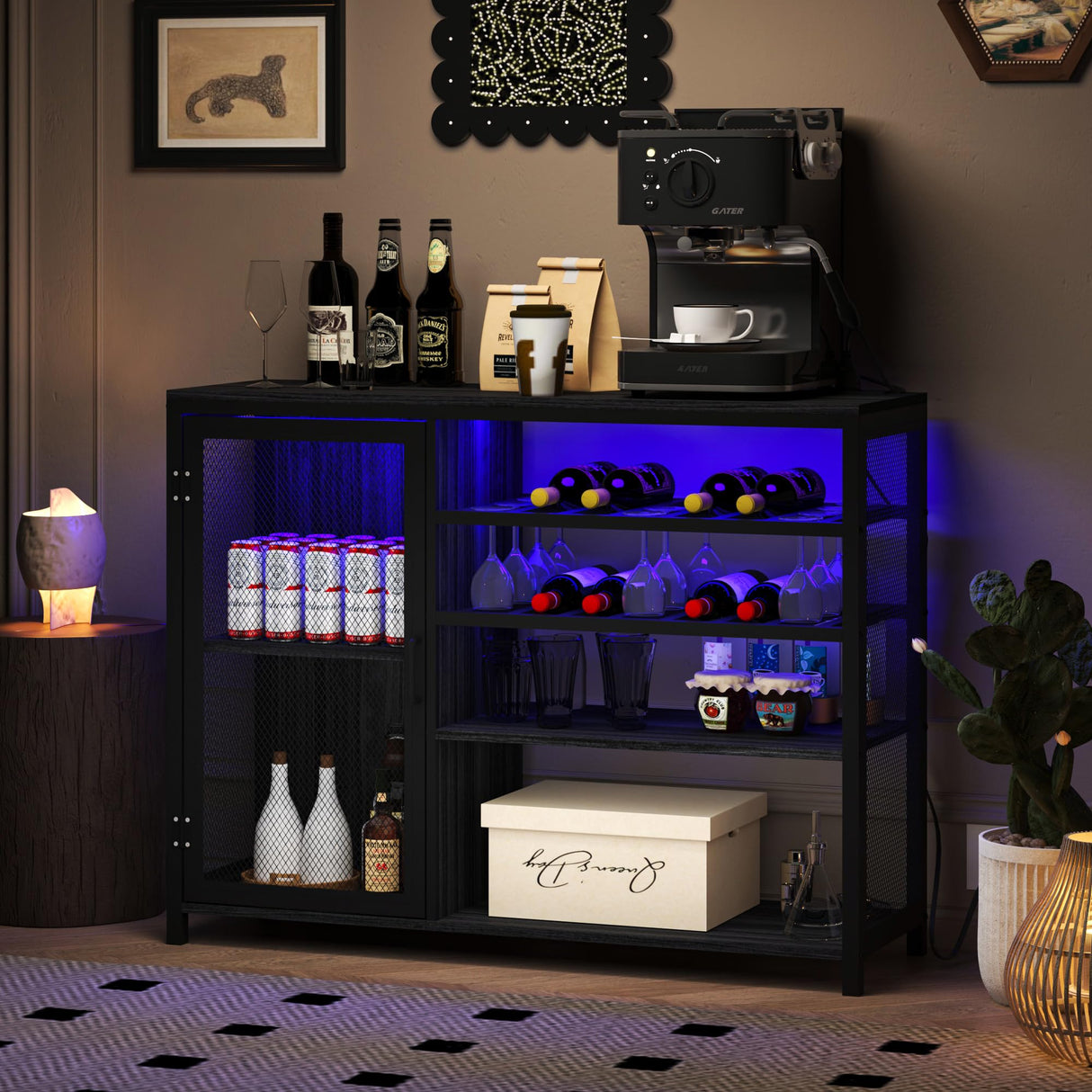TopCity LED Industrial Wine Bar Cabinet Coffee Buffet Sideboard with Storage for Liquor and Glasses Wood Metal Sideboard with Wine Racks for Home Kitchen Dining (Gray, 43.31"*13.78"*32.87") TopCity