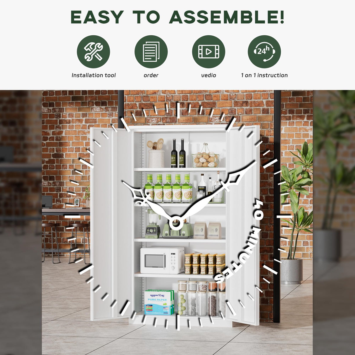 Greenvelly Metal Storage Cabinet, 72" Locking Metal Garage Storage Cabinet with Doors and 4 Adjustable Shelves, White Lockable Steel Cabinet for Home Office, Garage, Shop, School (32" W x 16" D) Greenvelly