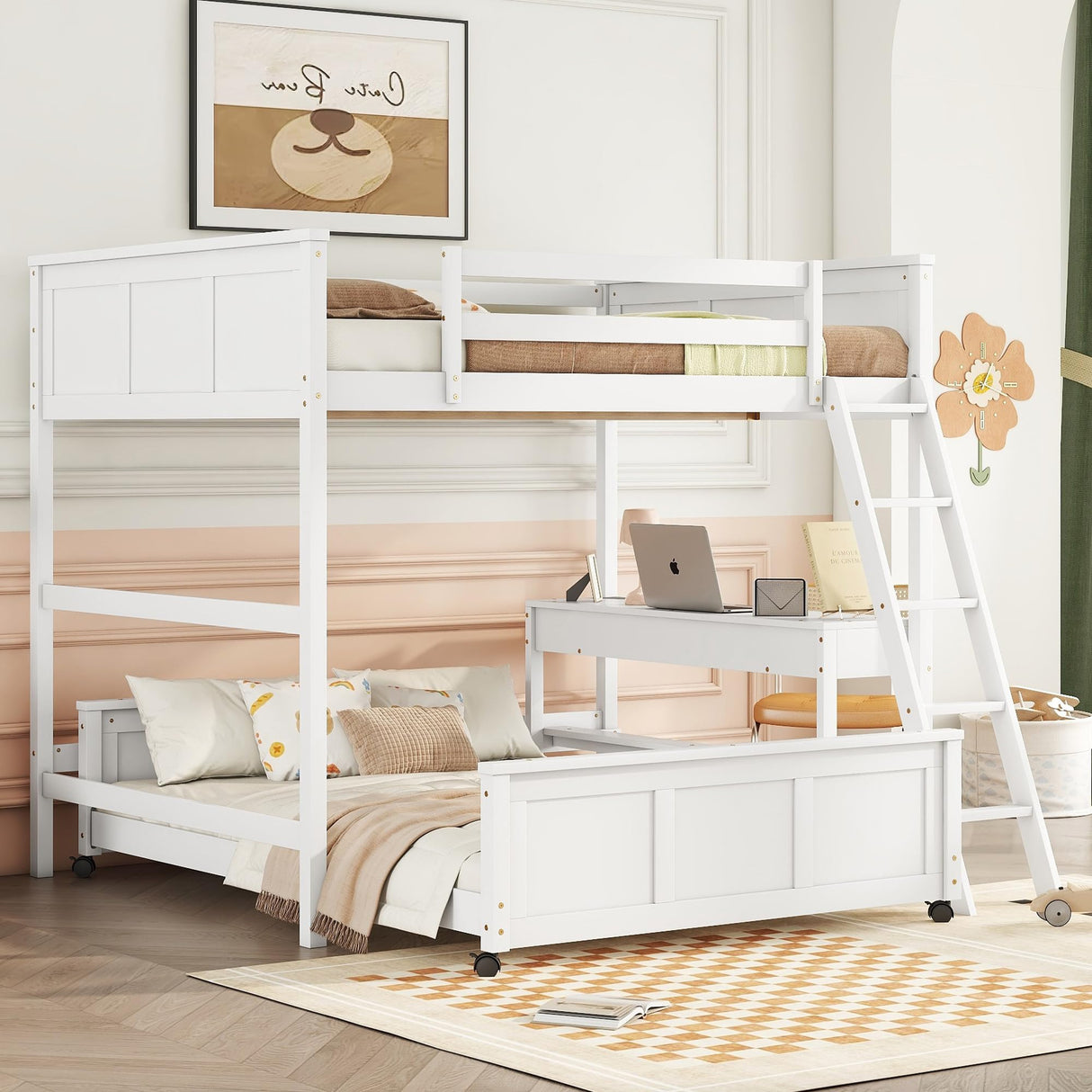 Harper & Bright Designs Full Over Full Bunk Beds with Desk and Drawers, Wood Full Size Loft Bed with Removable Full Platform Bed Frame, Bunk Bed with Ladder for Kids Girls Boys, White Harper & Bright Designs