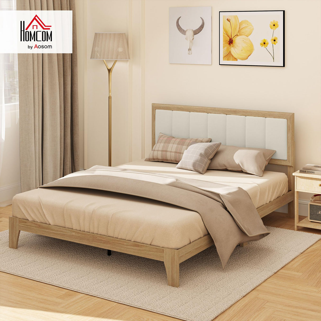 HOMCOM Queen Size Bed Frame with Upholstered Headboard, Platform Bed Frame with Wooden Slats, No Box Spring Needed, Easy Assembly, Oak HOMCOM