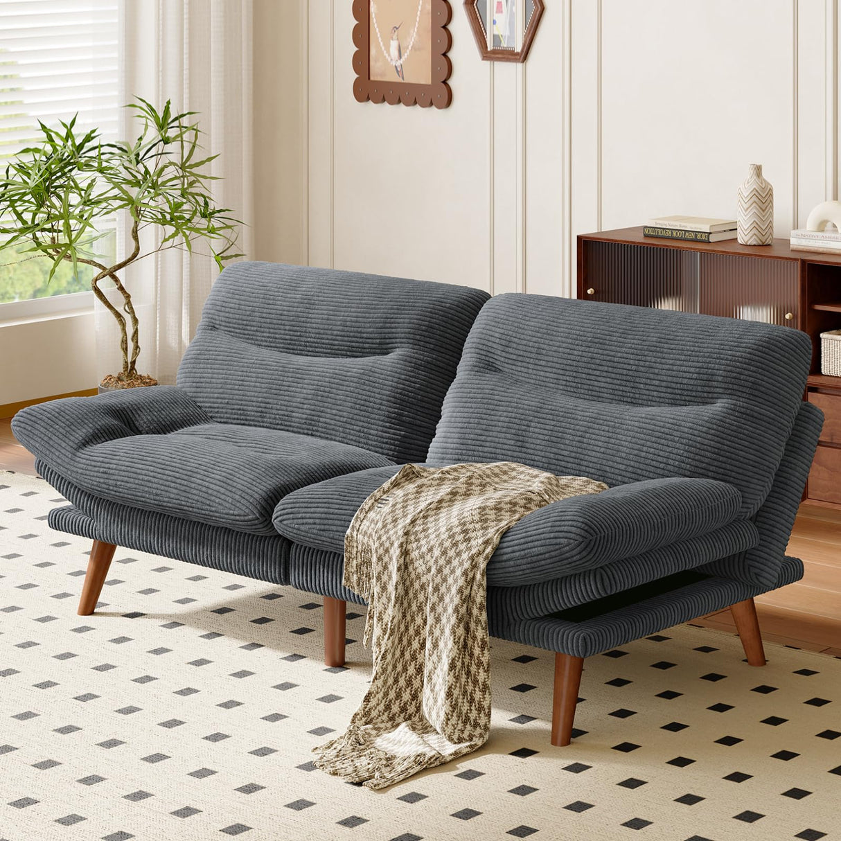 75″ Futon Sofa Bed, 3-in-1 Futon Couch w/Adjustable Backrest & Armrests, Corduroy Convertible Sleeper Sofa Bed, Folding Sleeper Recliner w/Removable Cushion for Apartment, Living Room, Office,Grey AMADA HOMEFURNISHING