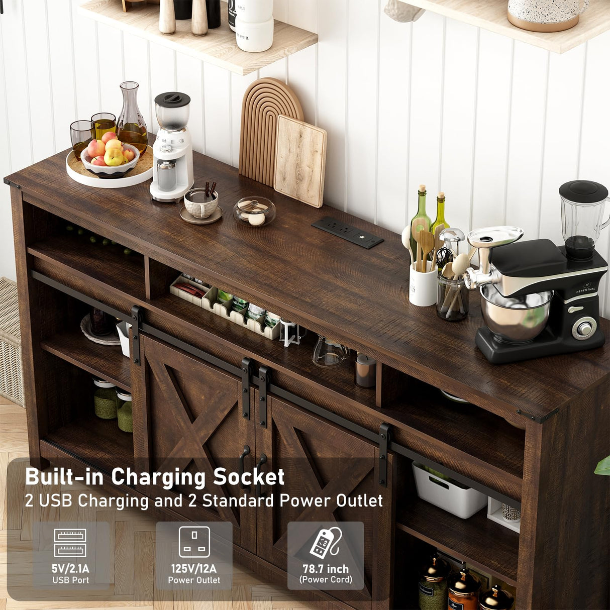 Hlivelood 61.5IN Farmhouse LED TV Stand for 65/70inch TV, Modern TV Stands for Living Room with RGB LED,TV Entertainment Center with Storage Cabinet/Sliding Barn Door,Sideboard Cabinet(Brown) Hlivelood