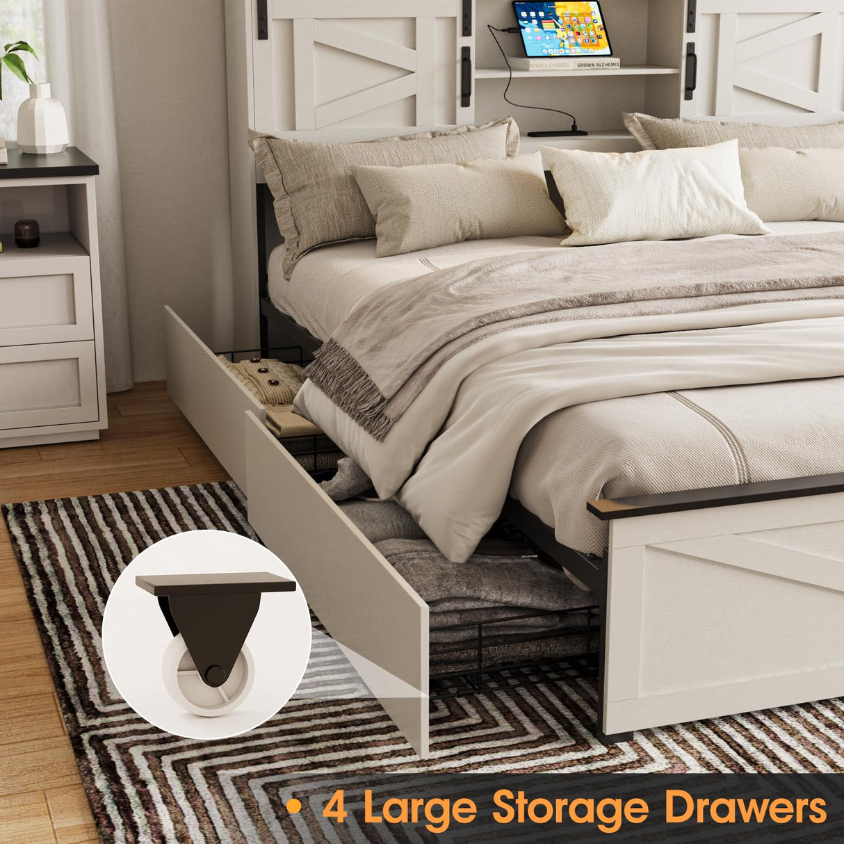 Fameill Farmhouse King Size Bed Frame with 4 Drawers and Bookcase Headboard, Sliding Barn Door Storage Shelves, LED Lights and Charging Station, No Box Spring Needed, Antique White Fameill