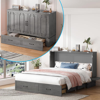 Mjkone Queen Murphy Bed Cabinet, Hidden Adult Guest Bed with Built-in USB Charging Station, 2 Large Drawers, Bedside Panel, Murphy Cabinet Chest Beds for Guest Room, Bedroom, NO Mattress - Grey