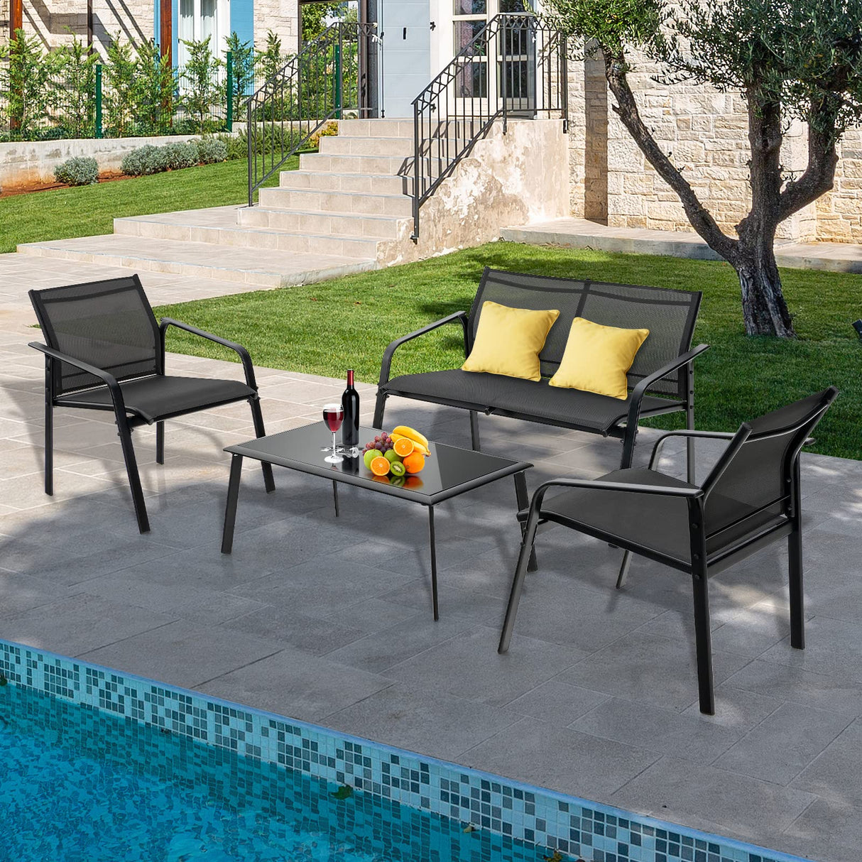 Tangkula 4 Pieces Patio Furniture Set, Outdoor Conversation Set with Tempered Glass Coffee Table, Outdoor Bistro Set with Fabric and Anti-Rust Steel Frame for Garden, Poolside and Backyard (Black) Tangkula