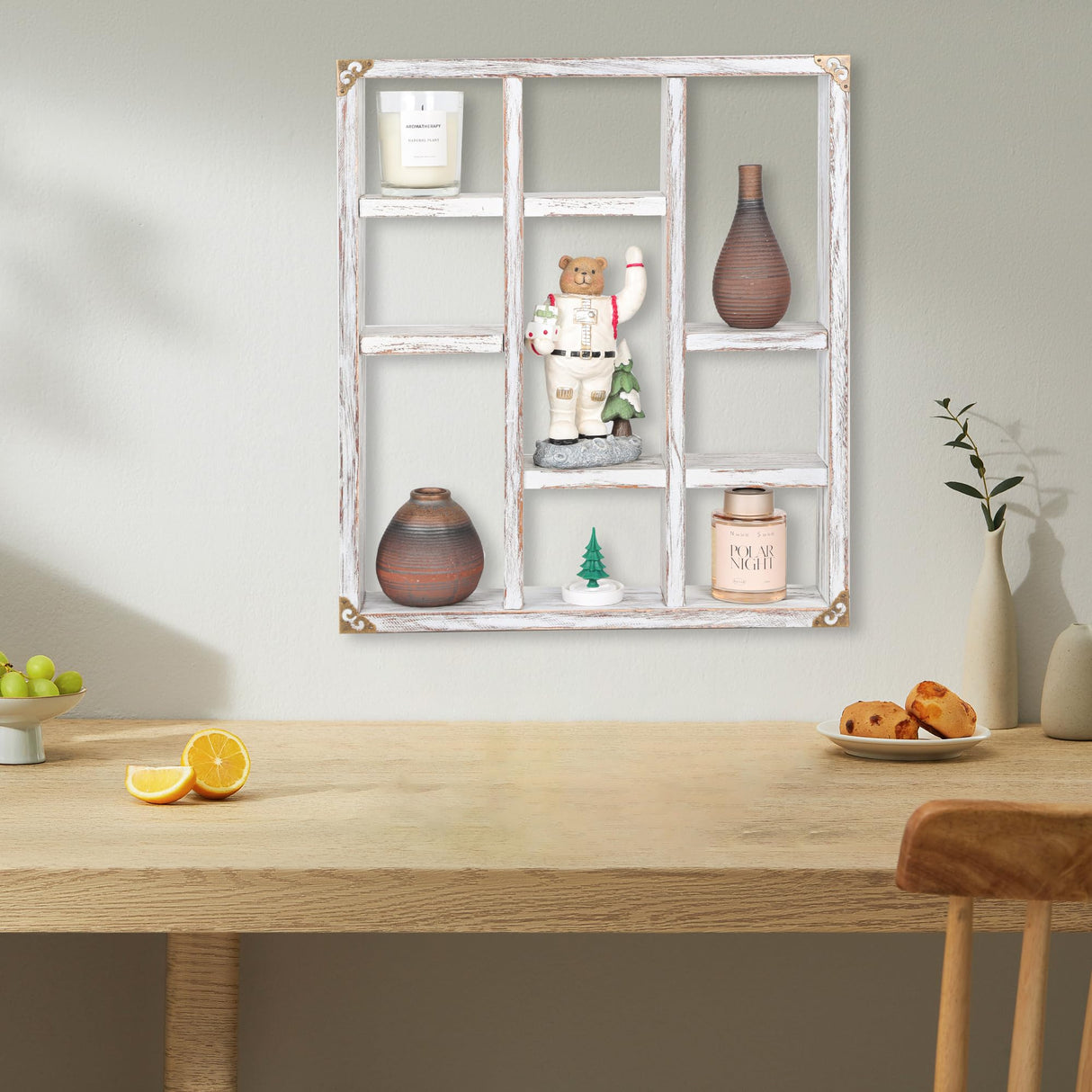 MITREL 17.7x15.7-Inch Shadow Box Shelf 9-Slot Rustic Floating Shelves Larger Wall Mounted Shelf Lightweight Solid Wood Display Shelf Freestanding Farmhouse(9C-Rustic White) MITREL