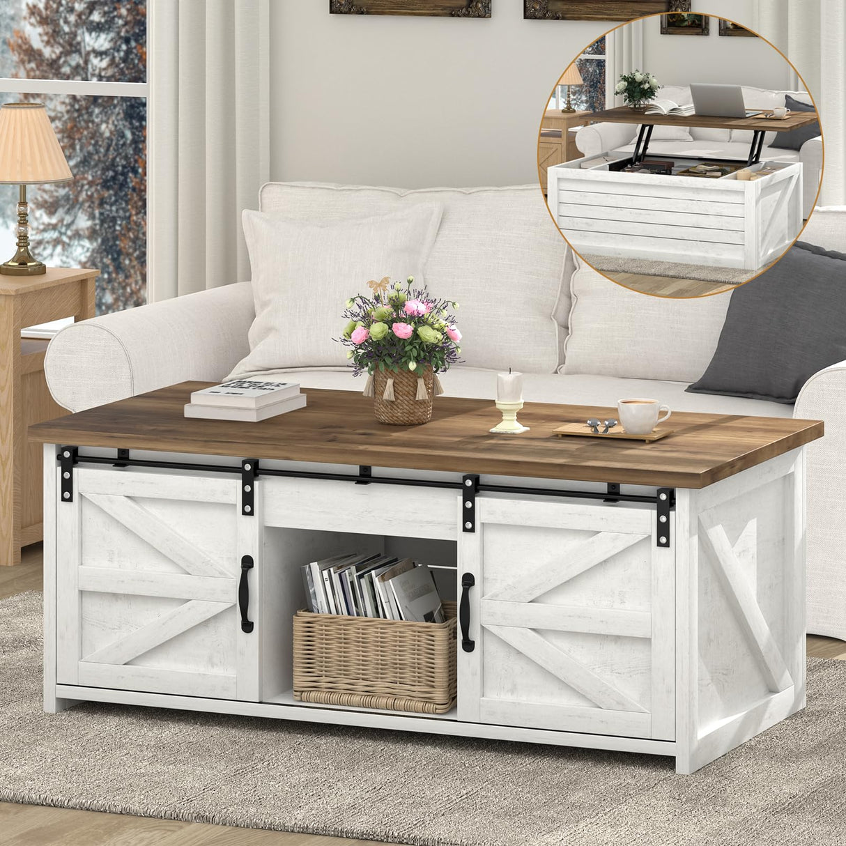 REVOMINCA Farmhouse Lift Top Coffee Table, 48" Large Coffee Table for Living Room, Wood Center Table with Hidden Storage Compartment and Sliding Barn Doors, White REVOMINCA