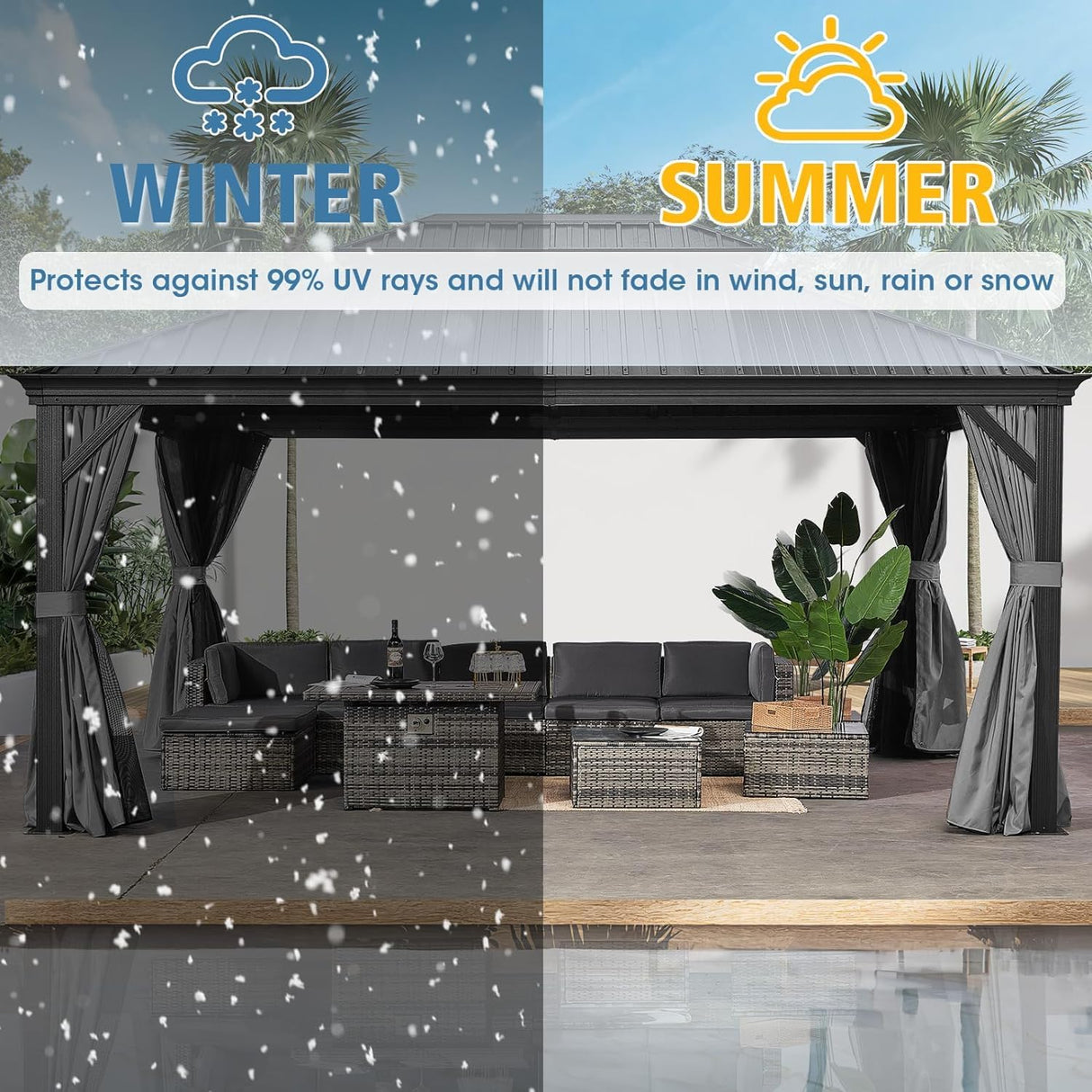 Aoxun 12' x 16' Permanent Hardtop Gazebo with Galvanized Steel Double Roof and Aluminum Frames Outdoor Large Pavilion Gazebo for Patio Deck Garden, Nettings and Curtains Included, Brown Aoxun