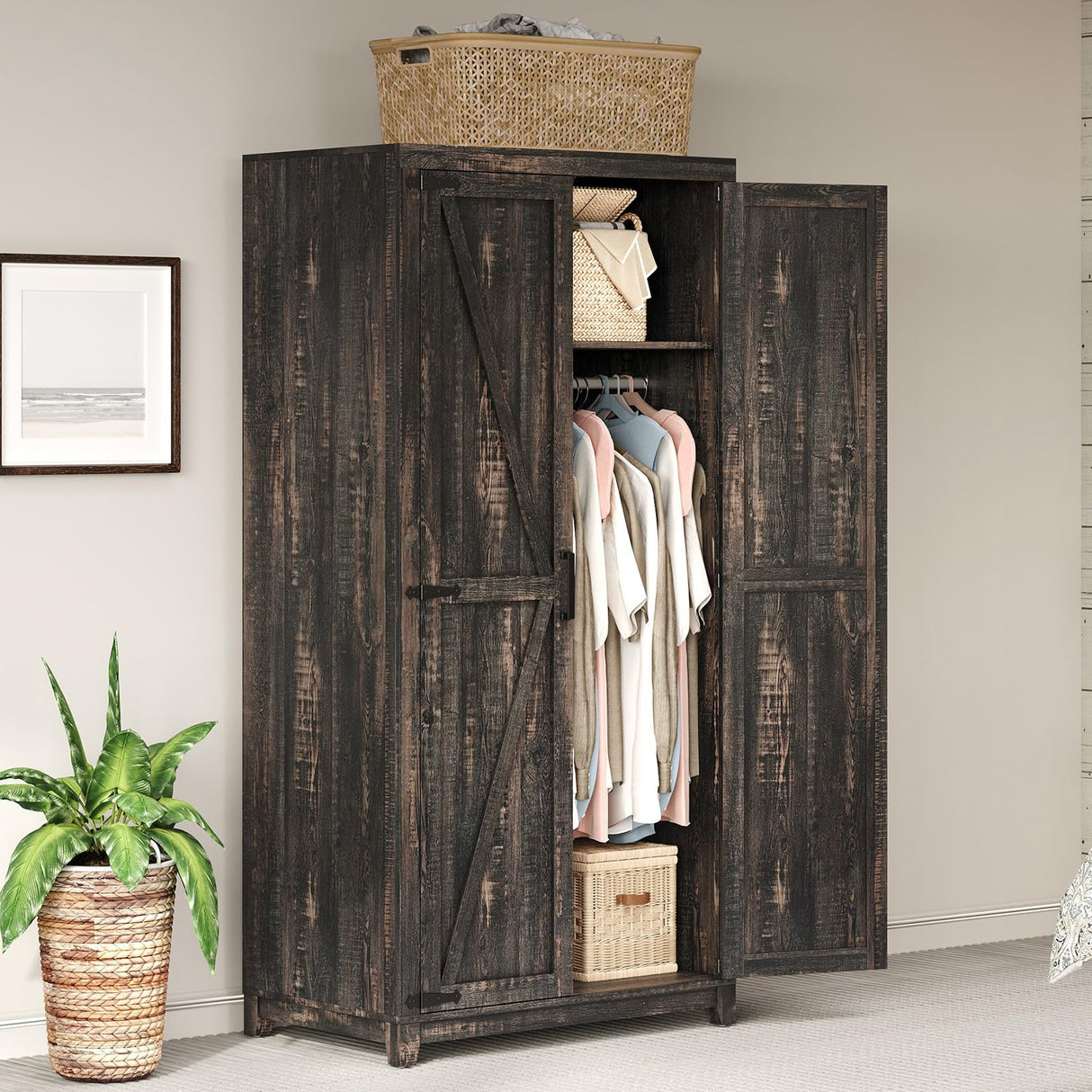 AMERLIFE Farmhouse Armoire Wardrobe Closet with 2 Barn Doors, 71'' Storage Cabinet with Hanging Rod & Shelf, Versatile Clothing Storage for Bedroom, Black Walnut AMERLIFE
