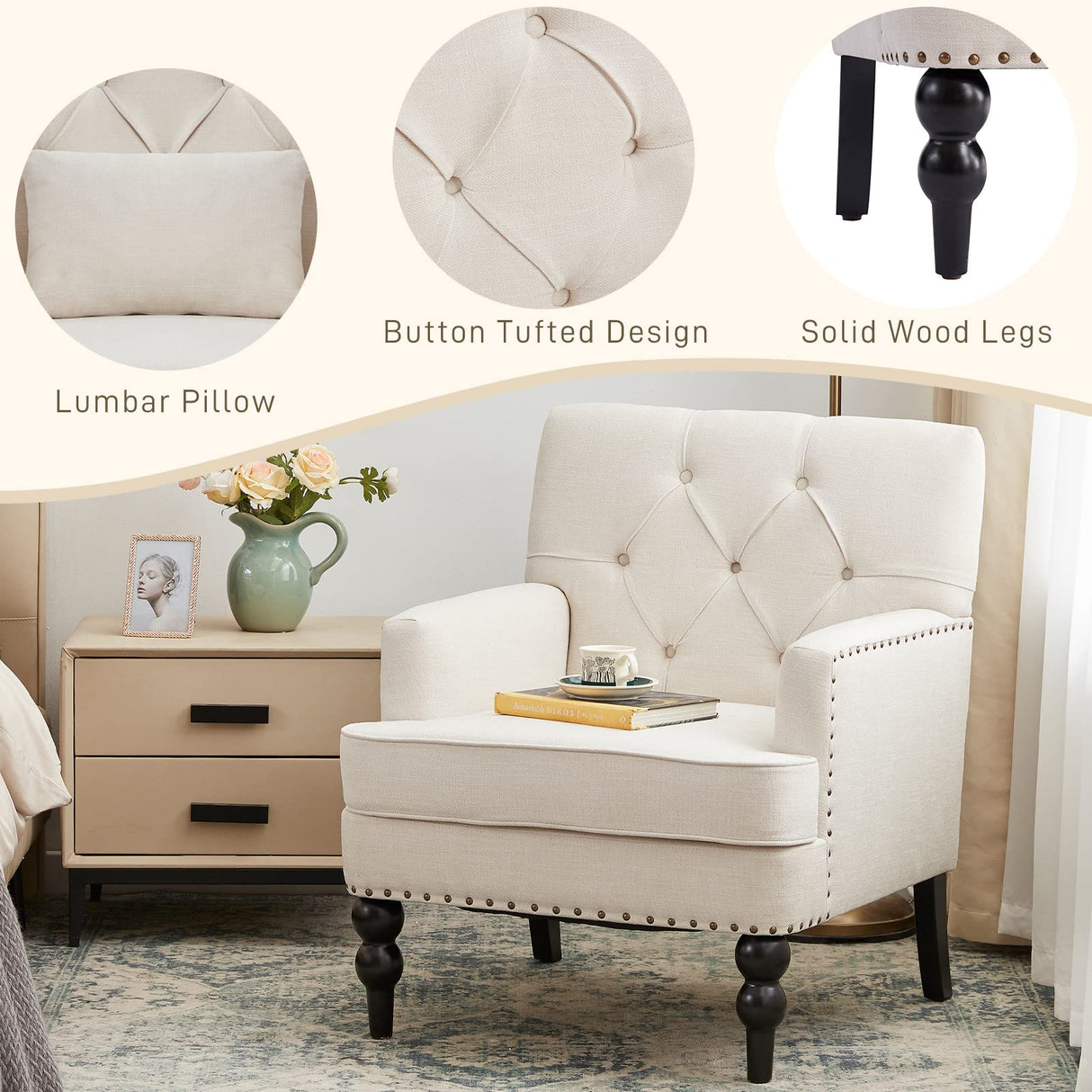 HUIMO Tufted Club Chair Set of 2,Accent Chair with Lumbar Pillow, Upholstered Button Armchair, Fabric Sofa Chairs for Bedroom, Living Room, Mid Century Modern with Studded Reading Chair(2,Beige) HUIMO