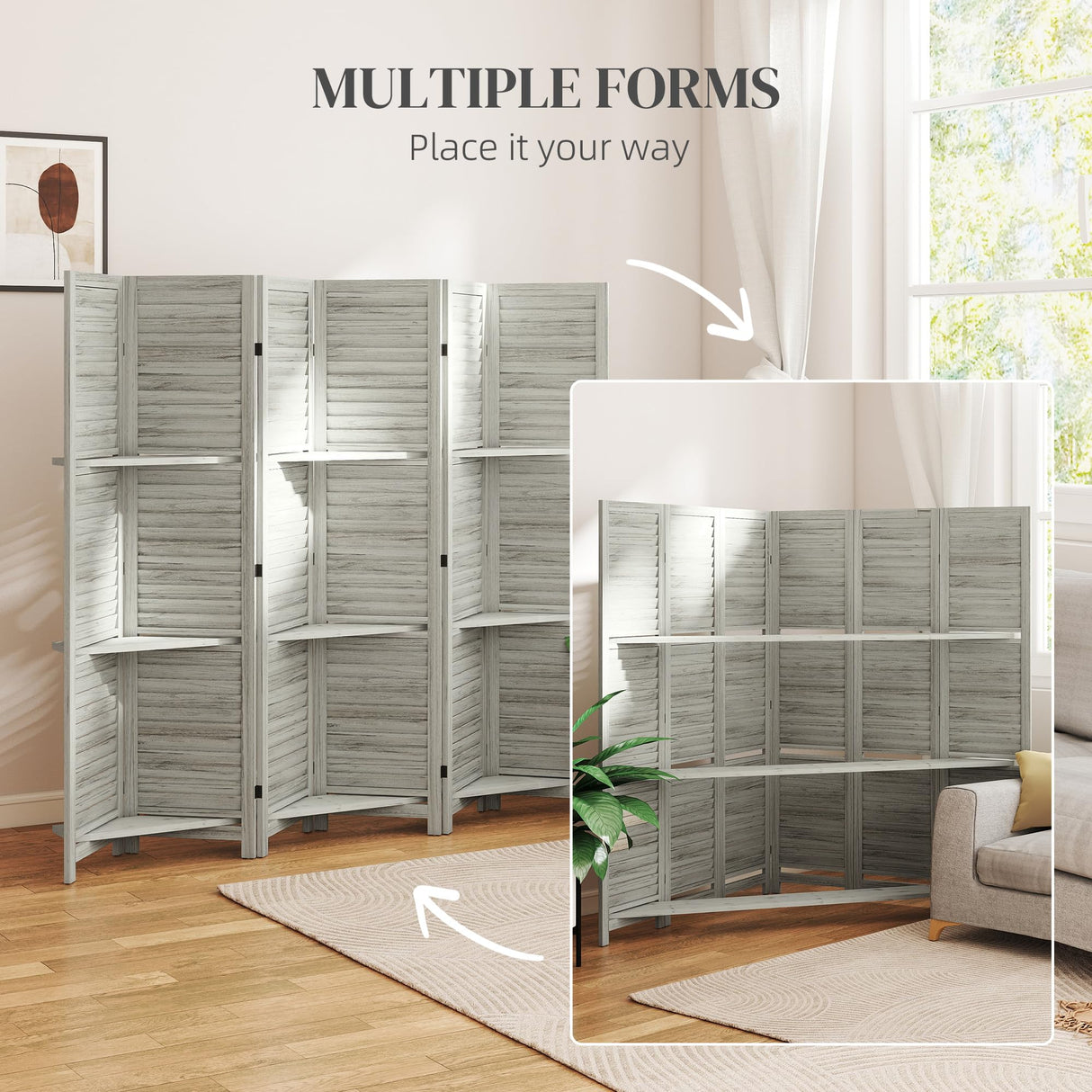 HOMCOM Room Divider, 6 Panel 67" Tall Wood Privacy Screen with 3 Display Shelves, and Folding Storage for Bedroom or Home Office, Distressed White HOMCOM