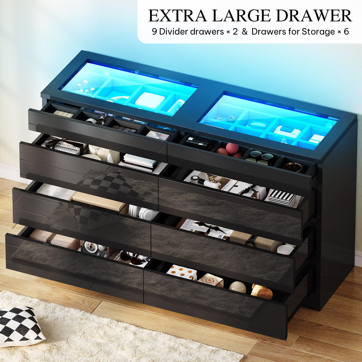 YITAHOME 8 Drawer Dresser with LED, Black Dresser, Modern 8 Chest of Drawers with Deep Drawers Glass Top High Gloss Surface, Storage Organizer Cabinet for Living Room YITAHOME