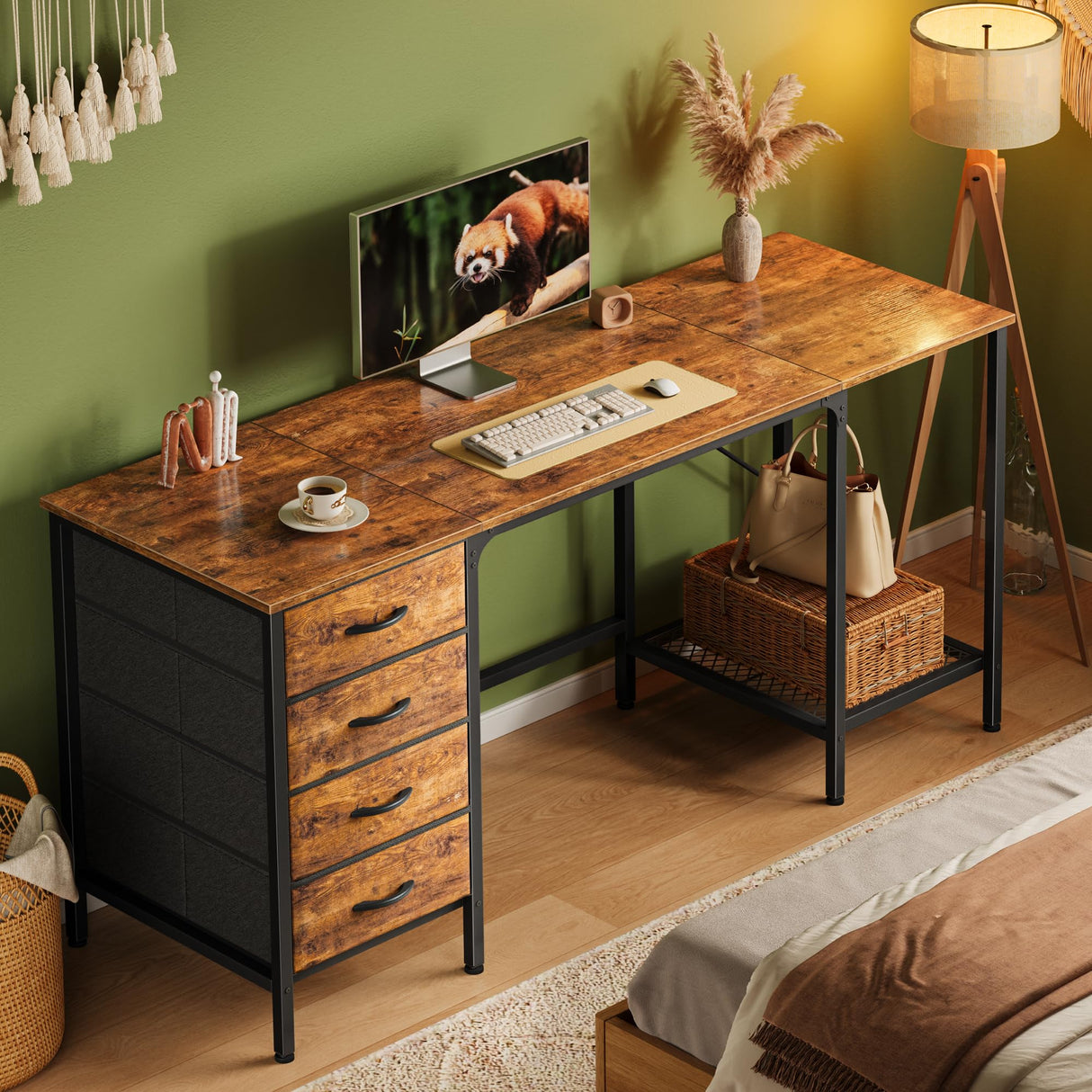 Huuger 63 Inch Computer Desk with 4 Drawers, Office Desk with Mesh Shelf, Gaming Desk, Large Storage, Writing Desk Work Desk for Home Office, Study, Bedroom, Work from Home, Rustic Brown Huuger