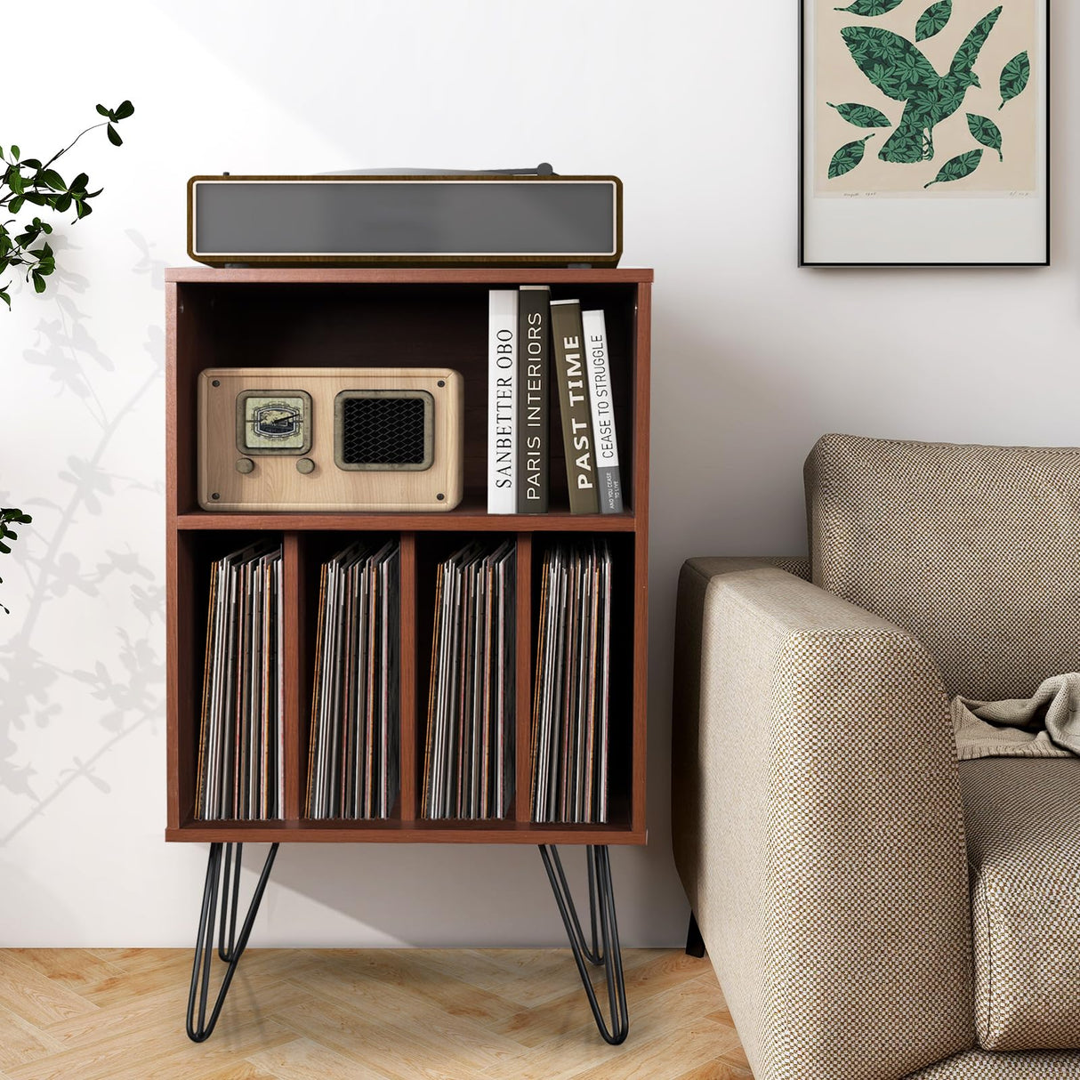 Giantex Record Player Stand, Turntable Stand Holds up to 150 Albums, Mid-Century Vinyl Storage Cabinet Table with Metal Legs, Record Player Holder End Table for Bedroom Living Room, Brown Giantex