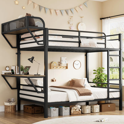 Bunk Bed Twin Over Twin, Metal Bunk Beds with Power Outlets & Desk, Heavy-Duty Bunkbeds Frame with Safety Guardrail & Ladders, Upper Bed with Storage Rack, No Box Spring Needed, for Juniors, Black