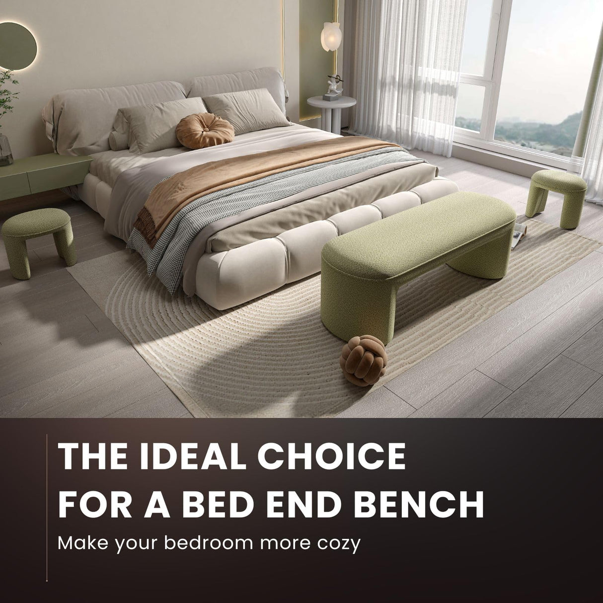 ChicAura 3-Piece Nesting Ottoman Bench Set,53" Long Upholstered End of Bed Bench with 2 15" Foot Stools Chenille Modern Arched Bench Comfy Entry Bench Vanity Stools for Living Room Bedroom, Green ChicAura