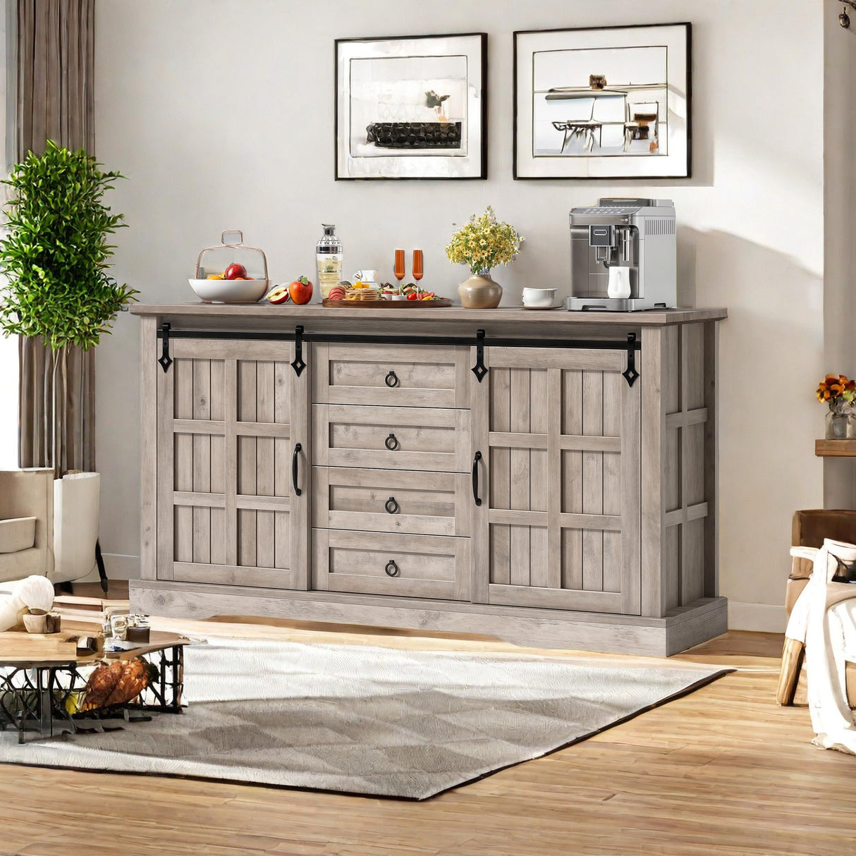 YITAHOME 59" Farmhouse Buffet Cabinet with Storage, Large Sideboard Cabinet w/Sliding Barn Doors and 4 Drawers for Living Room, Wash Grey YITAHOME