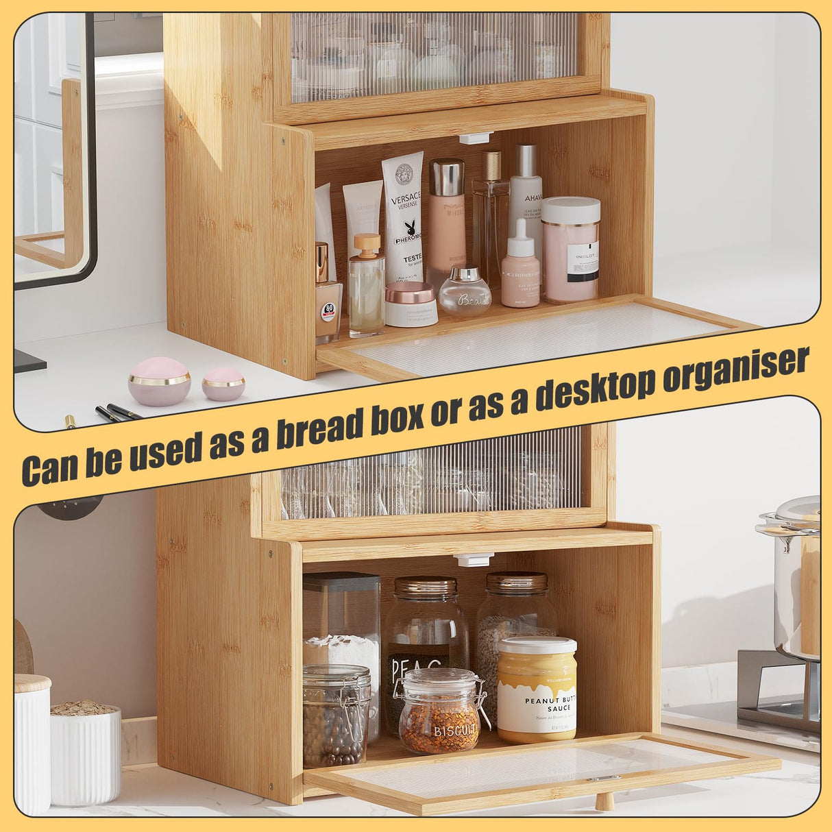 Furshus Double Layer Bamboo Bread Box for Kitchen Counter, Countertop Bread Storage Container, Bread Container Bread Storage with Window Bread Holder (Natural) Furshus