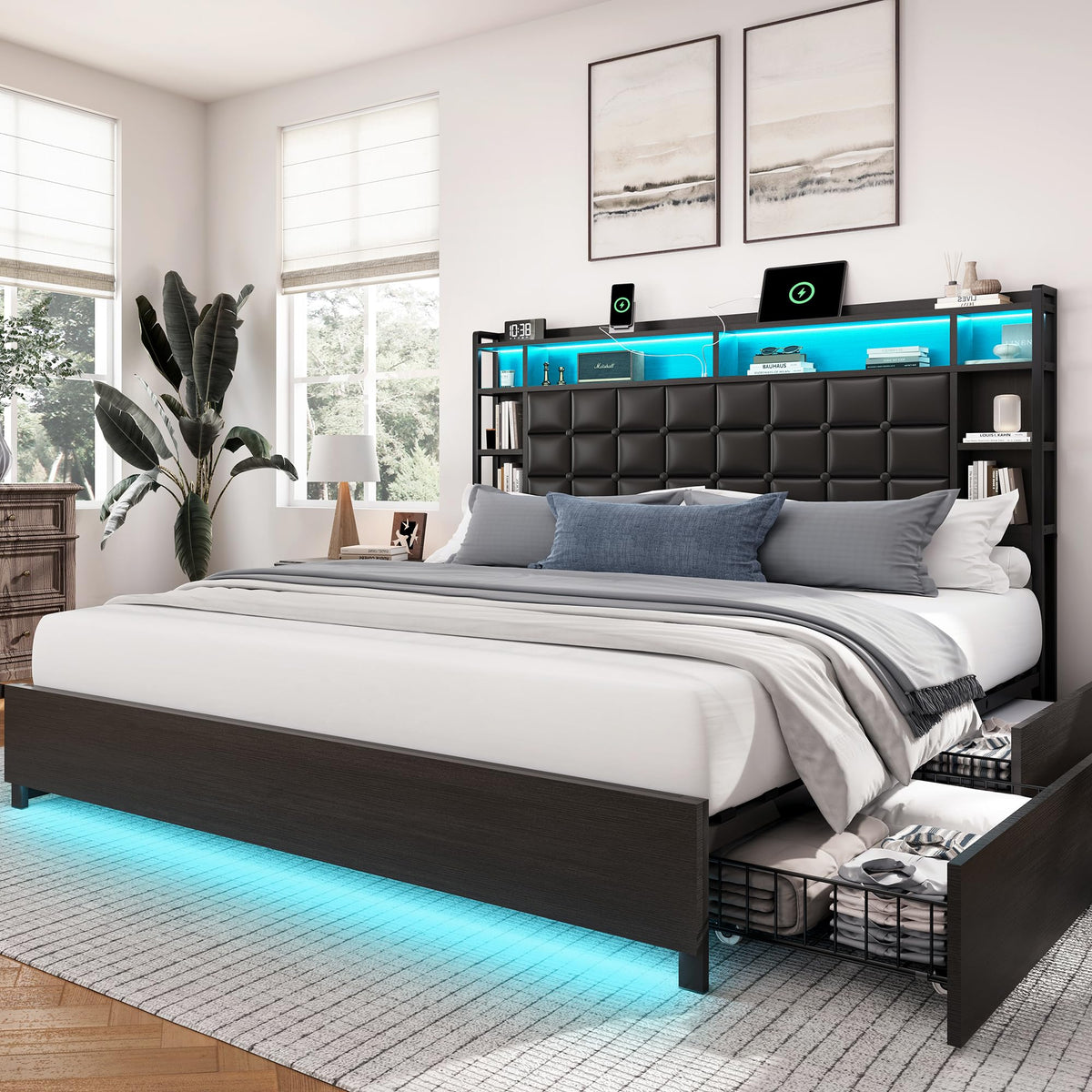 LARMACE King Size Bed Frame with 4 Storage Drawers and Bookcase Headbo ...