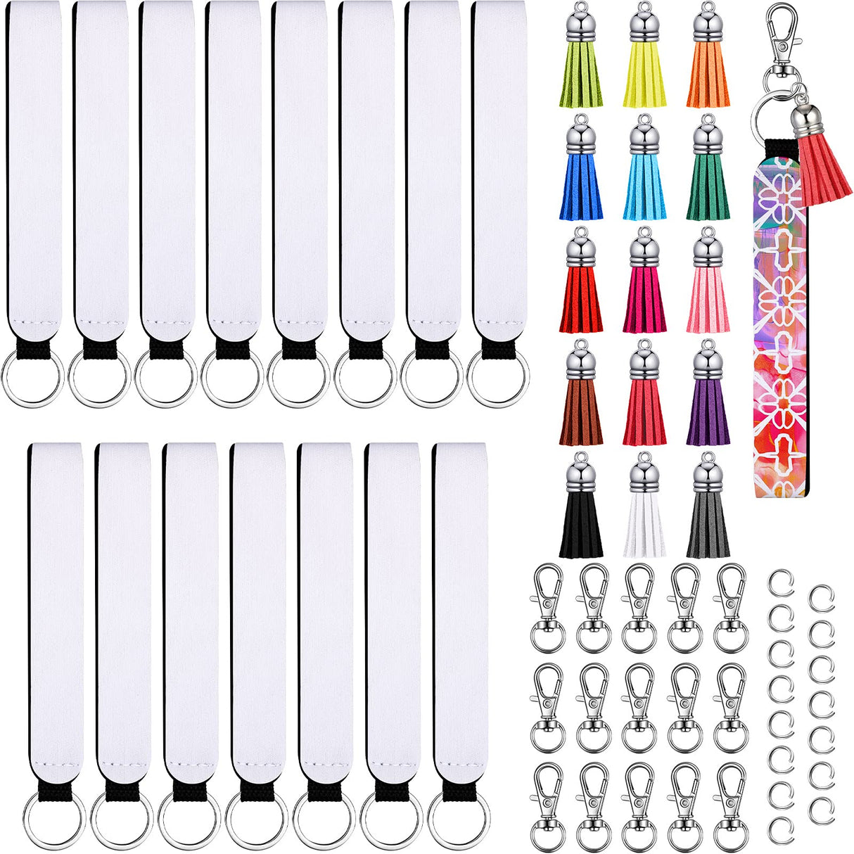 Hicarer 60 Pcs/15 Set Sublimation Blanks Wristlet Keychain Set, Sublimation Lanyard Blank Sublimation Keychain Tassels Neoprene Wristlet Swivel Snap Hooks and Jump Rings for DIY Keychains Hicarer