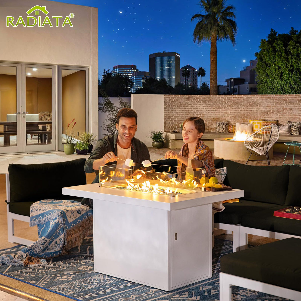 RADIATA 7 Piece L-Shaped Oversized Modern Aluminum Patio Furniture Set, All Weather Modular Sectional Sofa with Fire Pit Table, 500 lbs Heavy Duty Comfortable Outdoor Couch for Backyard Deck, Black RADIATA