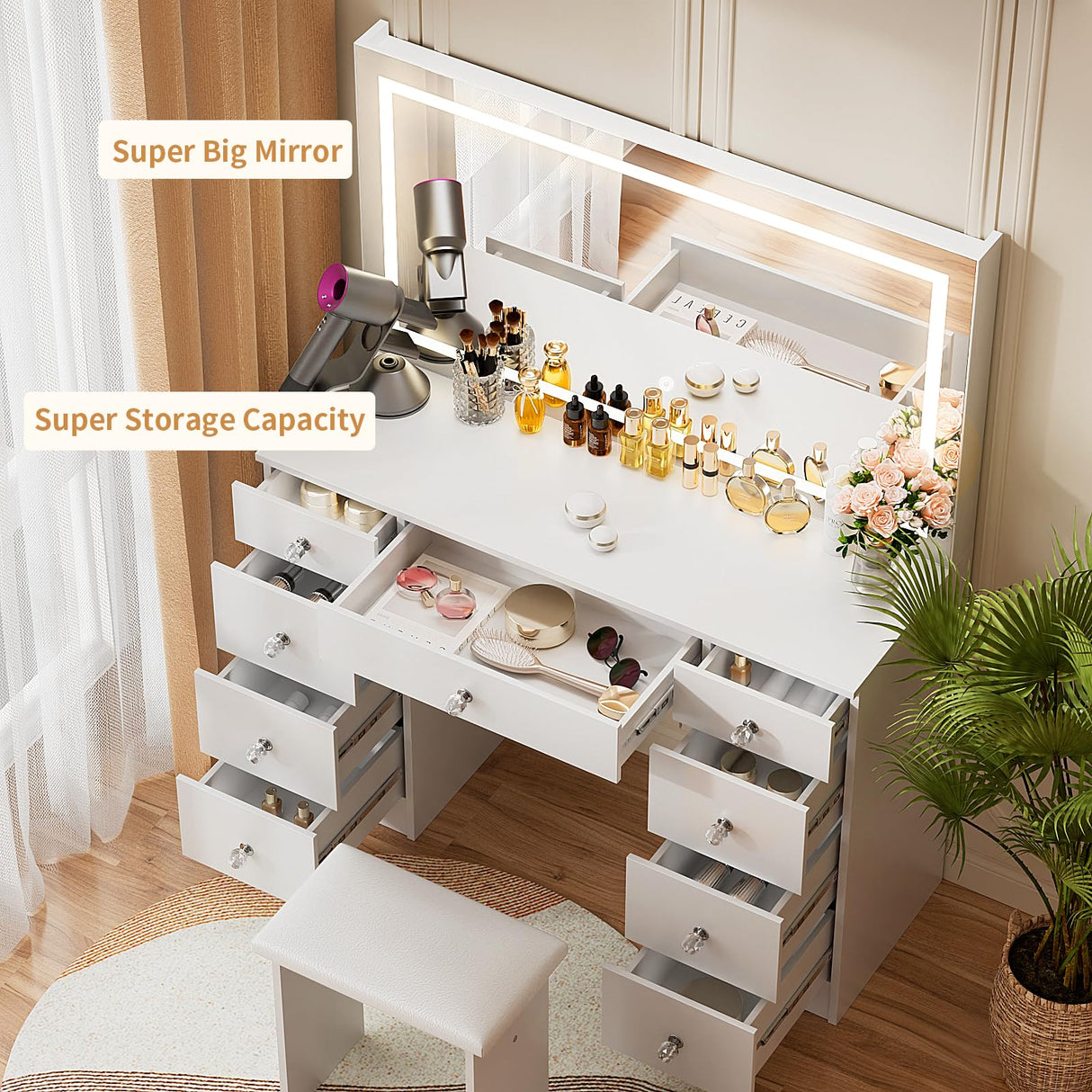 VOWNER Vanity with Lighted Mirror - Makeup Vanity Desk with Power Outlet and 9 Drawers, 3 Color Lighting Modes Adjustable Brightness, 43" Vanity Table with Soft Cushioned Stool for Bedroom, White VOWNER