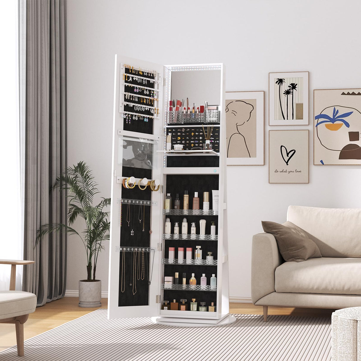 TJYGO LED Mirror Jewelry Cabinet Standing, with Full-Length Mirror and Adjustable LED Lights, Lockable Jewelry Armoire, 360° Swivel Jewelry Storage TJYGO