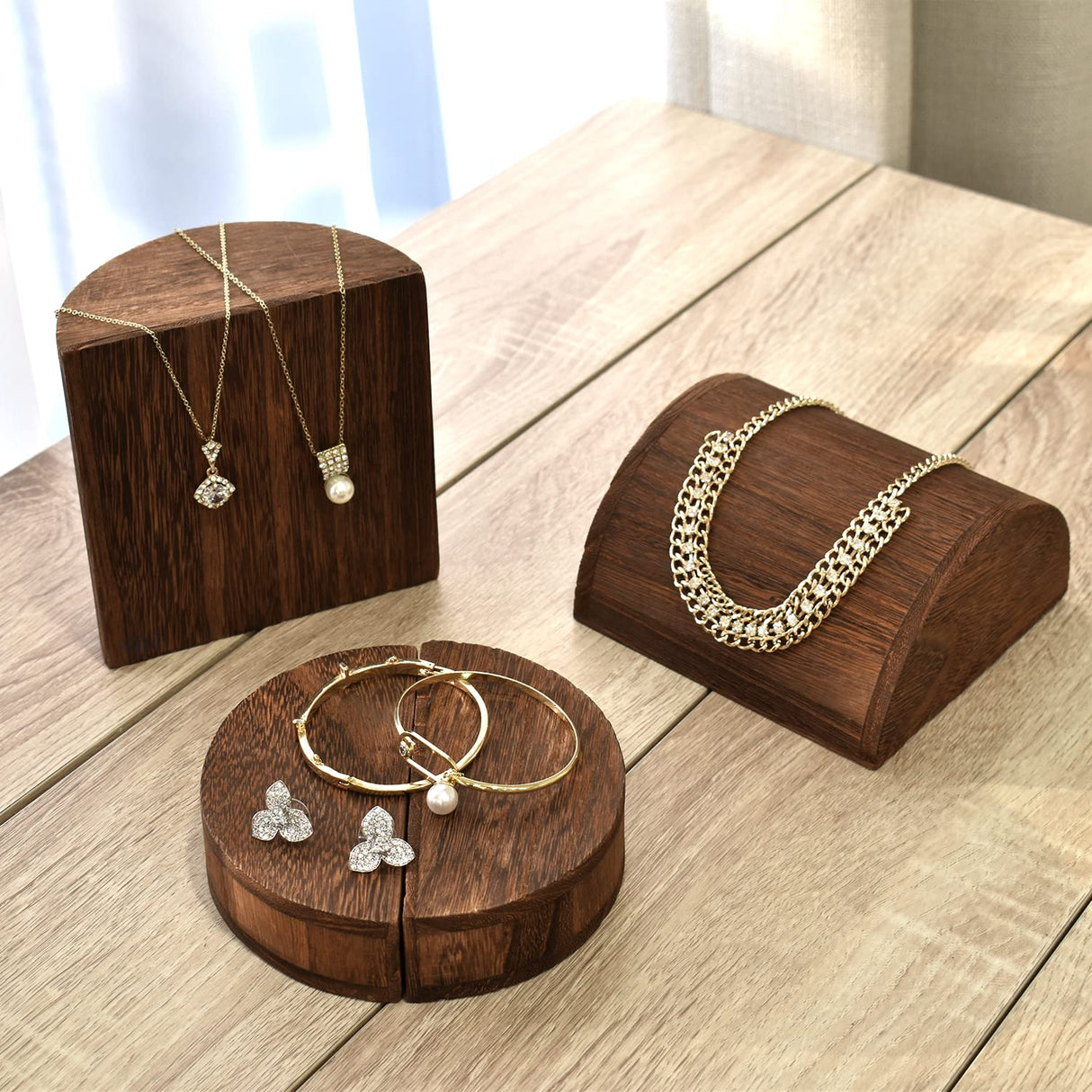 MOOCA 4 Pcs Lightweight Wooden Jewelry Display Riser Set for Bracelets, Earrings, and Necklaces, Multiple Combinations for Countless Display Styles, Brown Color MOOCA