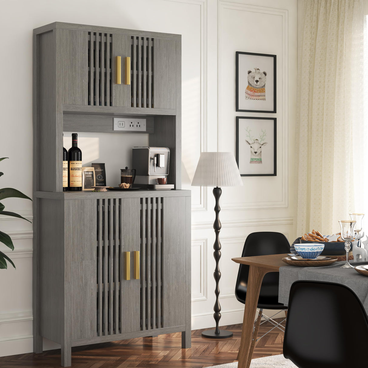 Pantry Kitchen Storage Cabinet, 71” Tall Pantry Cabinet with Rattan Door, Power Outlet, Large Freestanding Cupboard Wood Cabinet for Kitchen, Dining Room Generic