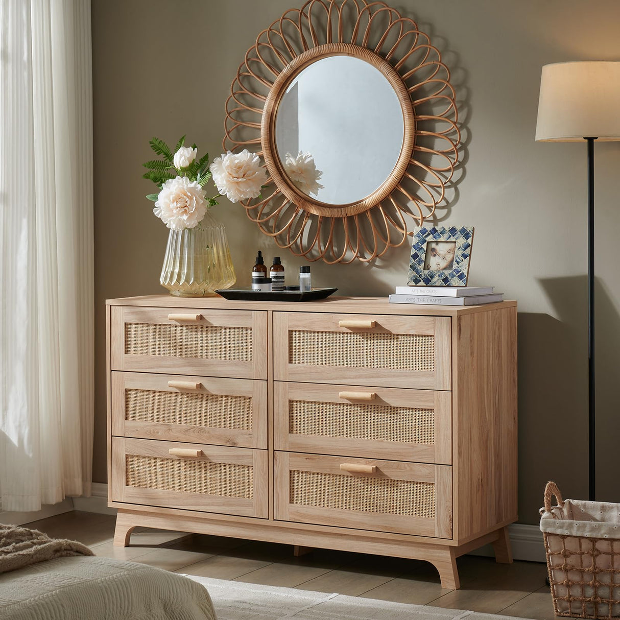 Okvnbjk 6 Drawer Dresser for Bedroom, Rattan Dressers & chests of Drawers with Wood Handles, Boho Chest of Drawers for Bedroom, Living Room and Entryway, Oak Okvnbjk