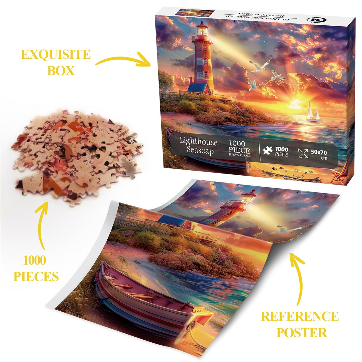 Beach Ocean Lighthouse Puzzle for Adults 1000 Pieces Nature, Summer Sunset Landscape Jigsaw Puzzle, Sailboat Scenery Puzzle BBOLDIN