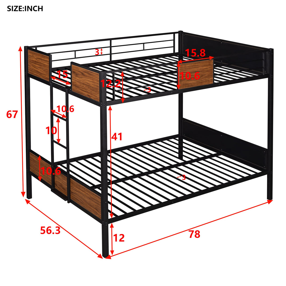 Full Over Full Metal Bunk Bed, Modern Style Heavy-Duty Steel Frame Bunk Bed with Safety Rail, Built-in Ladder for Bedroom, Dorm (Black + Brown) Bellemave