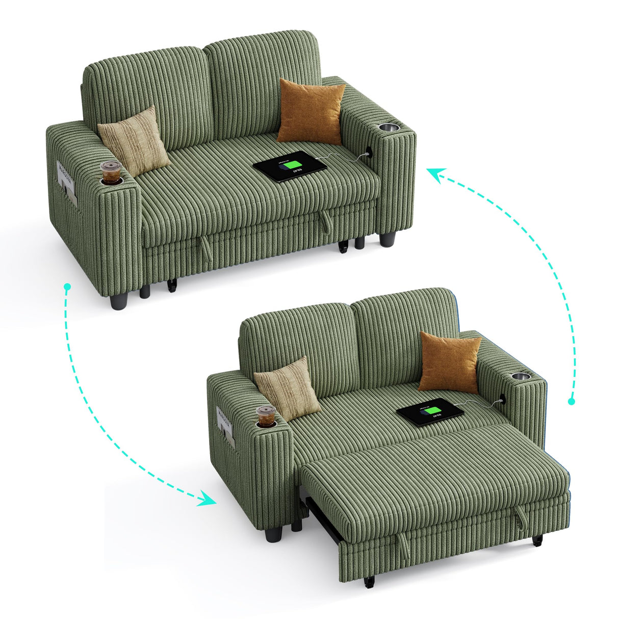 LINSY HOME Loveseat Sofa with Pull Out Couch Chaise: 2-in-1 Convertible 2 Seater Sofa with USB Charging & Cup Holders, Comfy Plush Corduroy Love Seat for Small Spaces Living Room Apartment, Green LINSY HOME