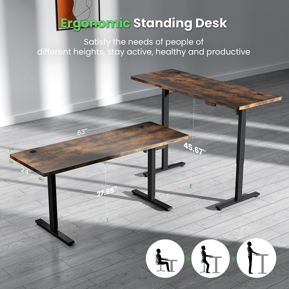 DeskShow Electric Standing Desk Adjustable - 63 x 24 Inch Sit Stand up Desk with Cable Management - 3 Memory Preset Adjustable Height Table DeskShow