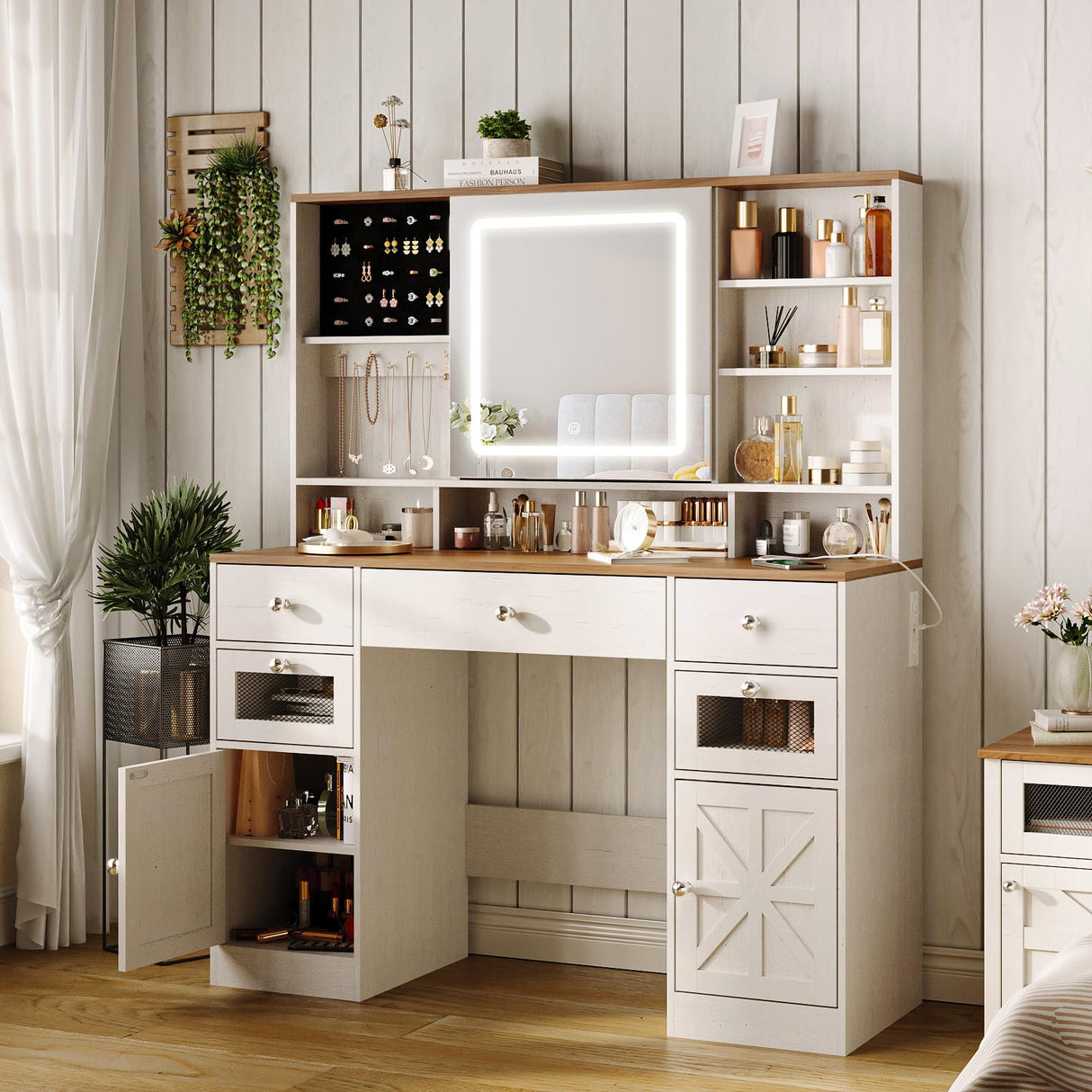 Halitaa Farmhouse Vanity Desk with Mirror and Lights,White Makeup Vanity with 5 Drawers & Hidden Storage,Rustic Large Dressing Table with Charing Station & Shelves for Bedroom Halitaa