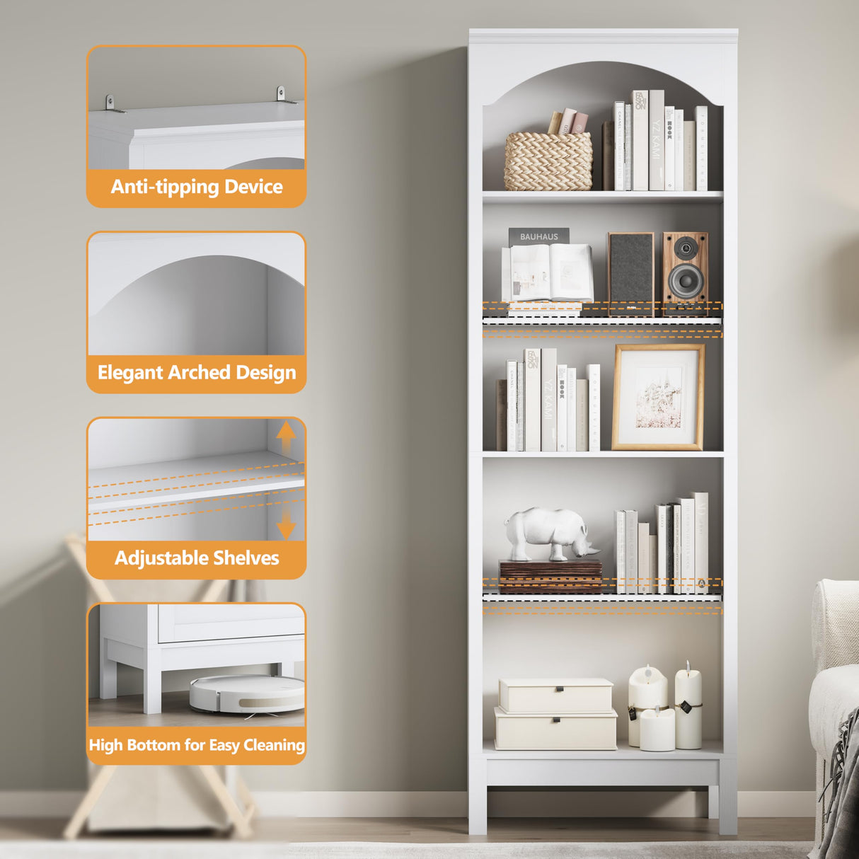 Arched Bookshelf with 5 Tier Open Shelves, 71" Tall Wood Bookcase with Adjustable Shelves, 24" Wide Floor Standing Display Storage Shelf for Home Office, Kitchen, Study and Living Room, Modern White jmhdyg