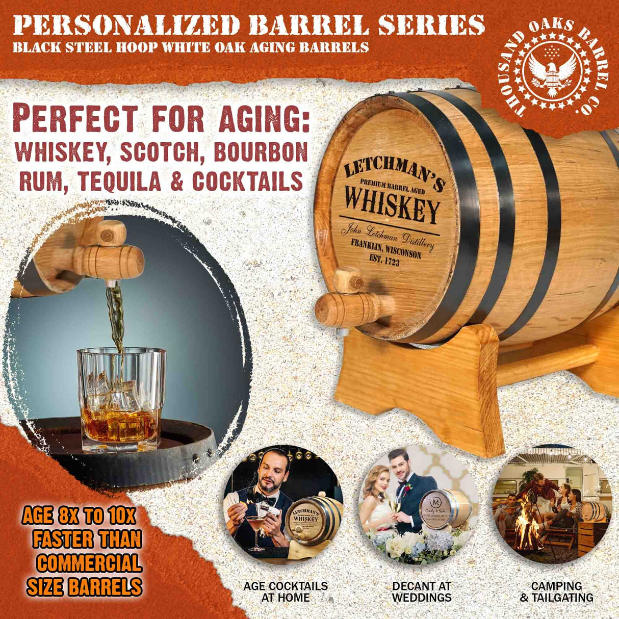 Thousand Oaks Barrel Co. Personalized 1 Liter Oak Aging Barrel Dispenser with Wood Stand, Bung & Spigot - Age Cocktails, Bourbon, Whisky, Rum, Tequila, Mead Wine - 1L Mini Whiskey Aging Barrels (P5) THOUSAND OAKS BARREL