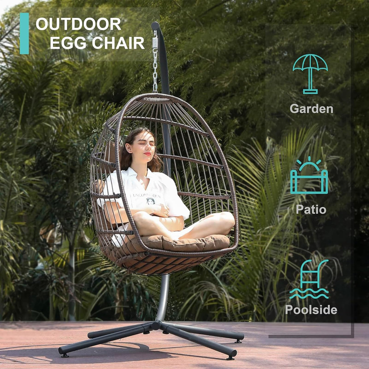 SWITTE Egg Chair Outdoor Indoor with Stand, Hanging Egg Swing Chair with Stand, Wicker Egg Chair with Cushion 350lbs Capacity for Patio (Brown) SWITTE