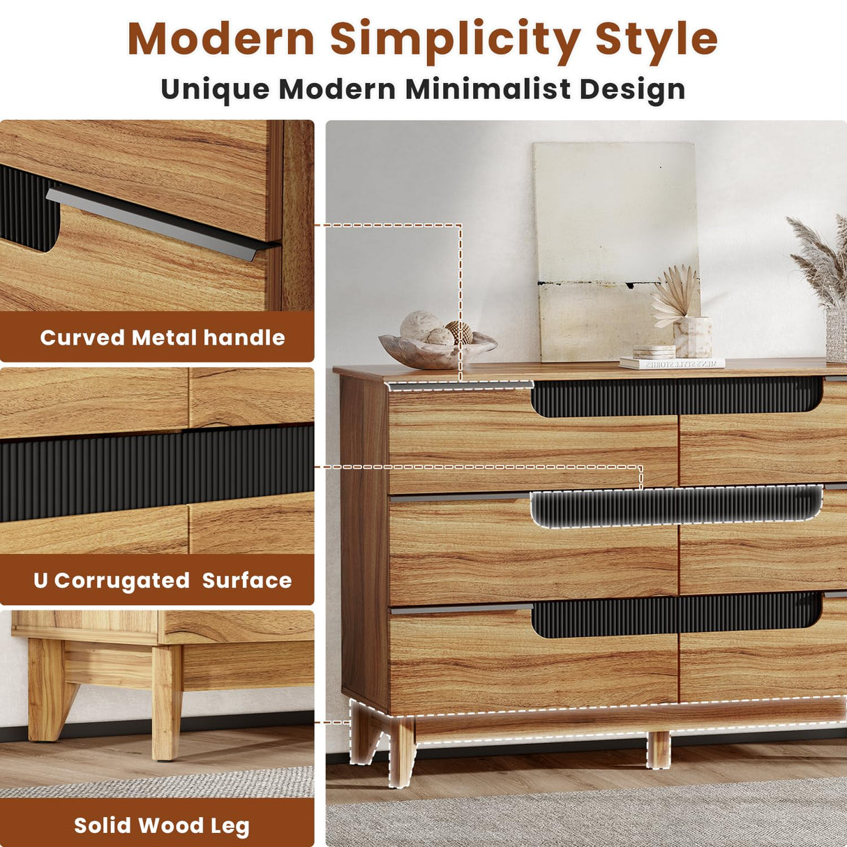 VOPEAK Wood Dresser for Bedroom, 6 Drawer Dresser with Solid Wood Legs, Brown Wooden Modern Minimalist Double Chest of Drawers for Cloth Stroage, 47.24" W x 15.75" D x 31.89" H VOPEAK