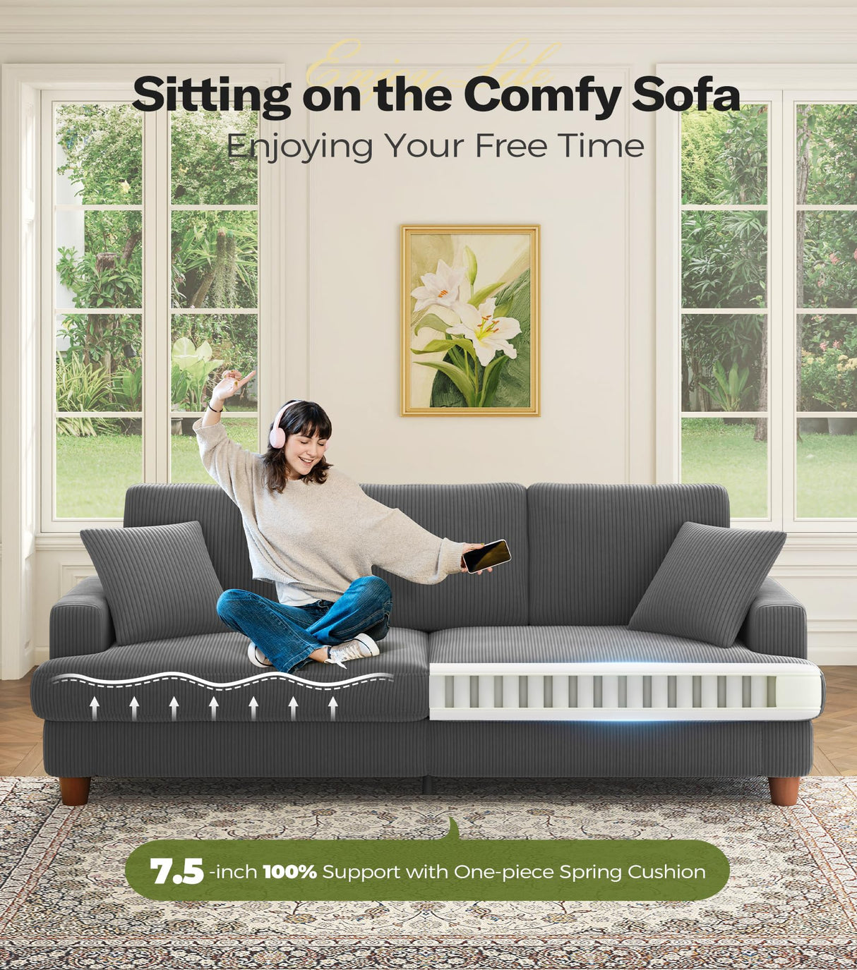 Kidirect 87in Corduroy Couch, Sofas for Living Room No Tool Assembly, Comfy Couches for Living Room 21in Deep Seats, Oversized Loveseat Sofa with 2 Pillows, 3 Seater Couch for Bedroom,Grey Sofa Kidirect