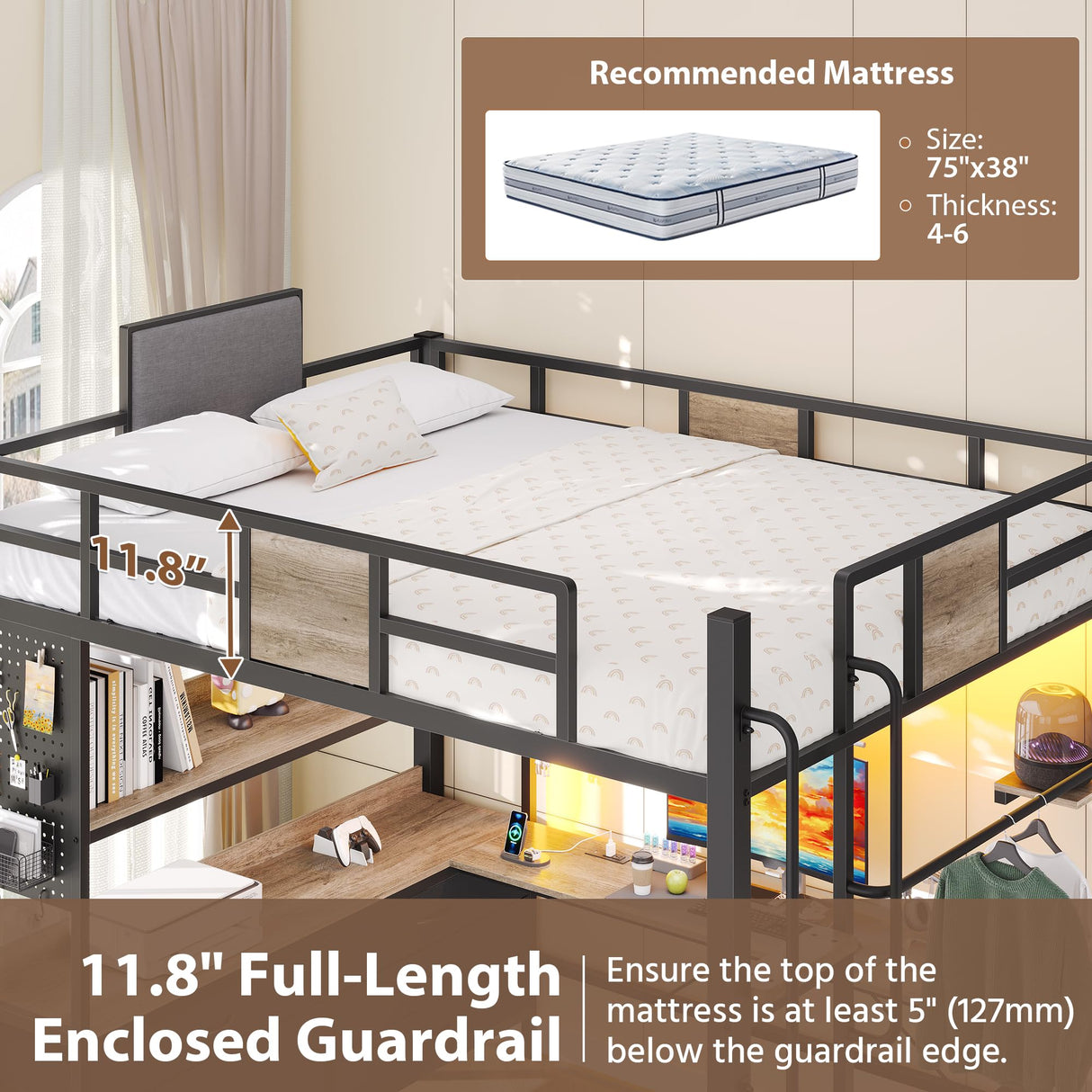Dnxao Full Loft Bed with Desk and 5 Storage Drawers, Loft Bed Full Size with Desk,1 Bedside Organizer,Removable Ladder,LED Lights and Charging Station,Clothes Rail,Safety Guard,Oak Gray Dnxao