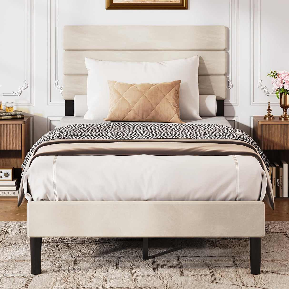 WLIVE Twin Size Upholstered Bed Frame, Velvet Square Tufted Headboard,Sturdy Metal & Wooden Slats Support, No Box Spring Needed, Light Grey WLIVE
